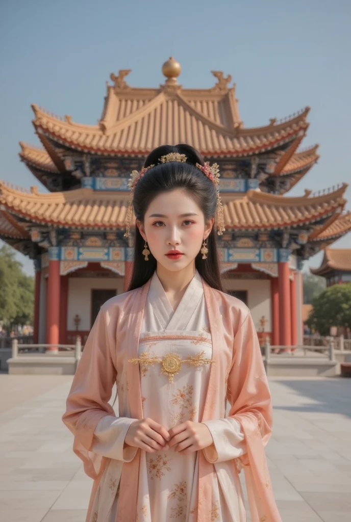 GGGJAAA，make up，huadian ，Hanfu，Magnificent buildings，palace，architecture ， east asian architecture ， highest image quality、Real images、18 years old美少女、ポニーテール beautiful woman、 Beautiful sister  、 A woman in a pink dress and cape standing in front of a building, 18 years oldの***,Duck duck 、Ninja、 white underwear 、 beautiful woman、  as a retro futuristic heroine , 18 years old、 as a retro futuristic heroine ,  Beautiful Thighs 、Sheila , Sheila ,  anime heroine portrait ,  modern sit-in portrait , anime visual of Super Girl, Super Girl,  Official Art ,  Dinah Drake , hironaka,  oral sex white mecha miniskirt 