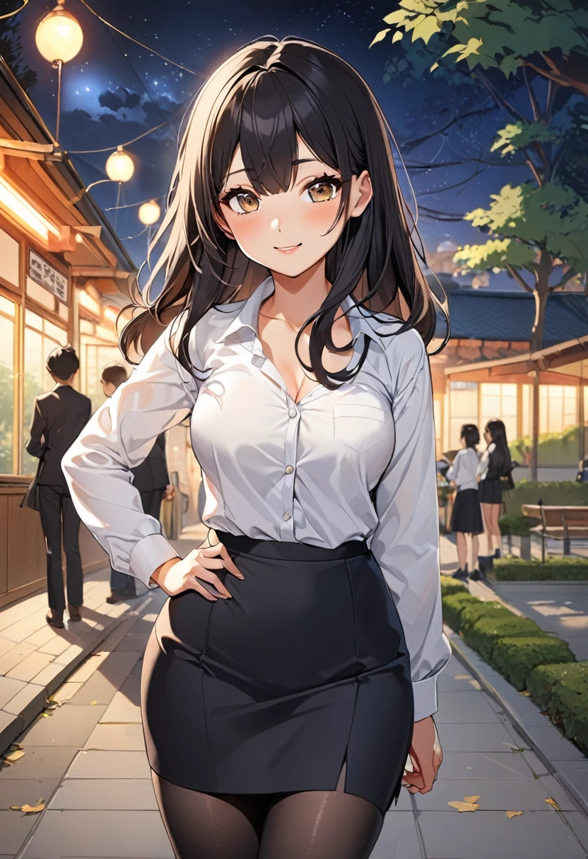 "park scene ,  is a Korean third-year high school girl , 18 years old,  with medium length black hair , A 54 kg medium sized girl . medium size breasts.  light brown eyes ,  with a bright and friendly expression ,  has a warm and social atmosphere .  A Korean student is wearing a white shirt and a student's black skirt,  shirt fits my body perfectly, accentuating my chest, and the ,  skirt also fits like a pencil skirt, making my hips stand out.  black stockings.  Her hair is blowing slightly in the night breeze .