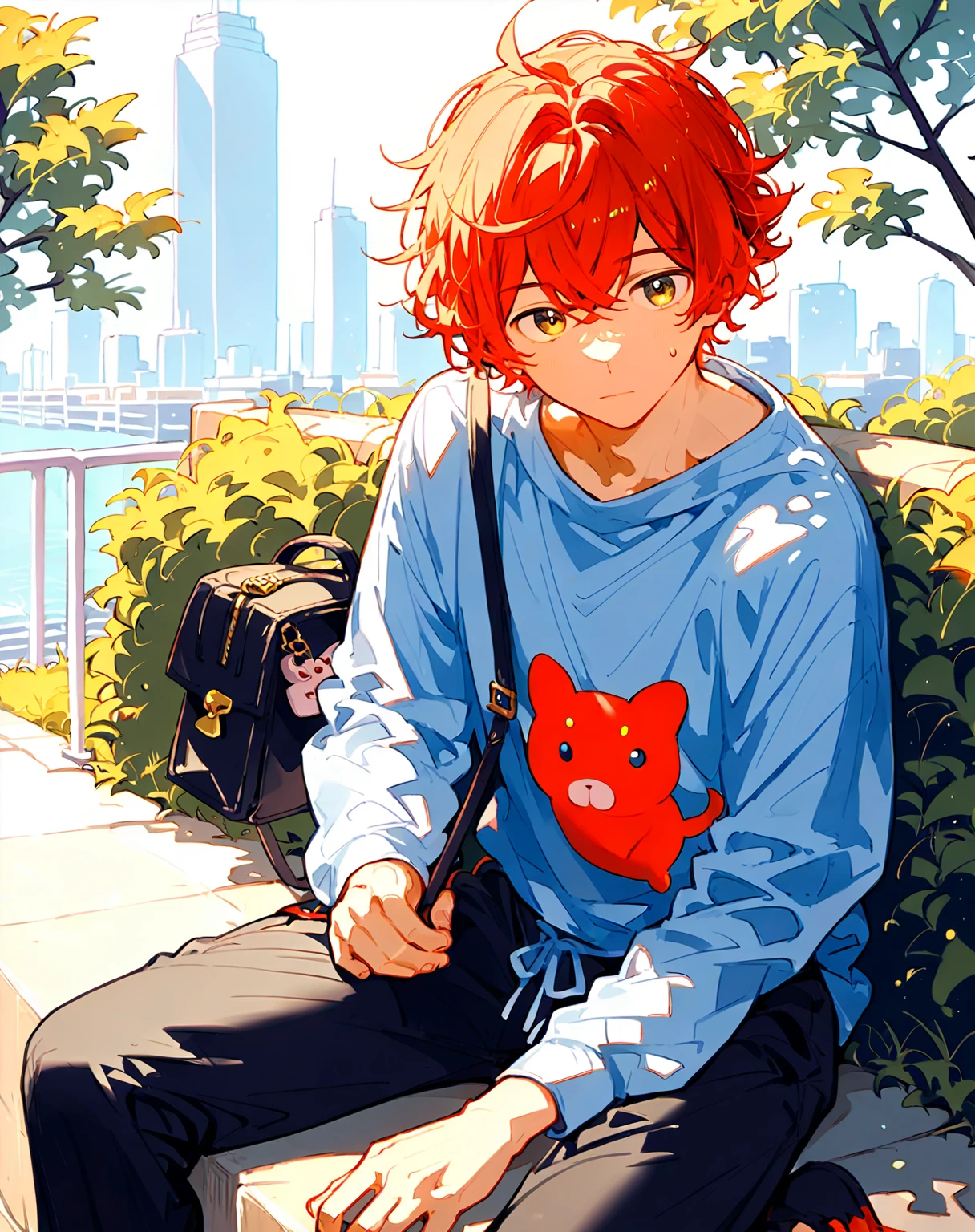 score_9, score_8_up, score_7_up, source_anime {{cowboy shot, source_anime, outdoors, city, park, looking at viewer, solo, sitting on ledge}} male, mikoshiba mikoto, crimson hair, crossed bangs, sweatpants, oversized shirt, satchel, head tilt.
