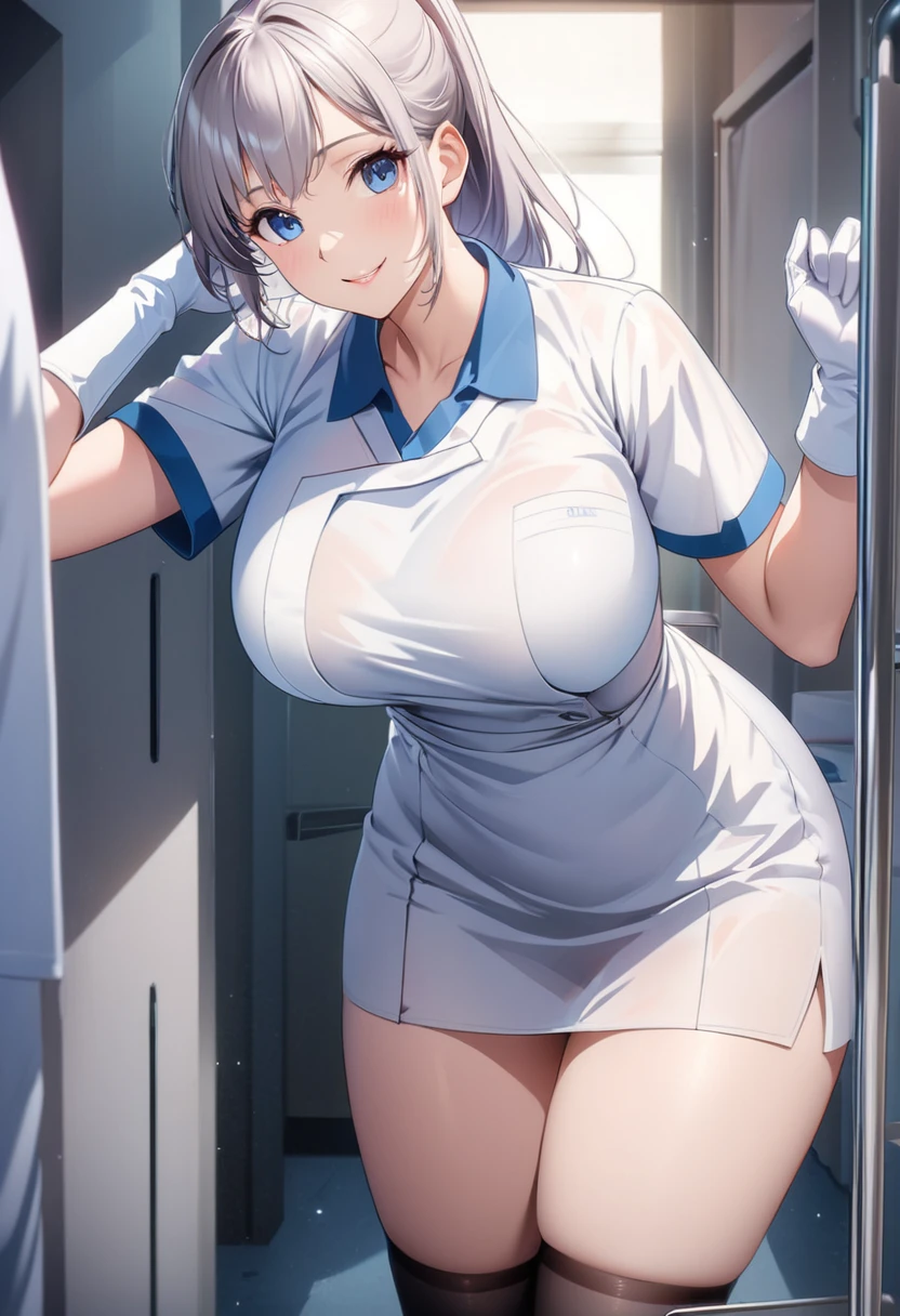 (A modern operating room with dazzling blue LED lighting), ((a very nice nurse undressed in the operating room with many nursing assistants)). (Wearing white silk nurse uniform.: 1.5). 40k, Photos, Masterpiece, Superior quality, (Beautiful hair). Beautiful Japanese woman with soft breasts and light skin., Various poses. ((Big: 1.2)), ((very soft breasts)), Super detailed face, detailed eyes, (she is wet). shot in the chest, blush, ashamed.