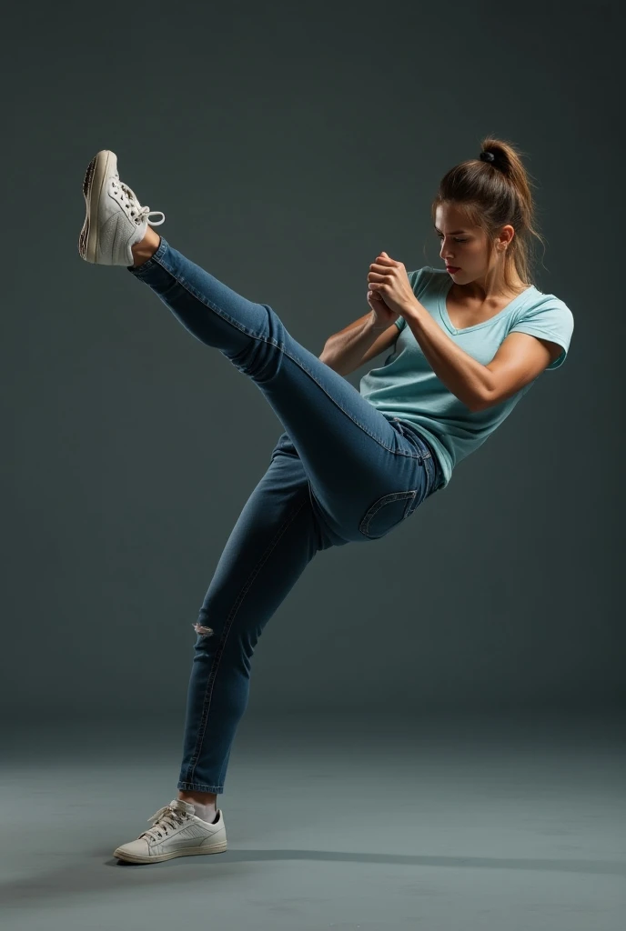 1980s,from below,photo of a 18 year old girl,happy,practicing Martial arts,shirt,denim pants,ray tracing,detail shadow,shot on Fujifilm X-T4,85mm f1.2,sharp focus,depth of field,blurry background,bokeh,lens flare,motion blur,<lora:add_detail:1>,