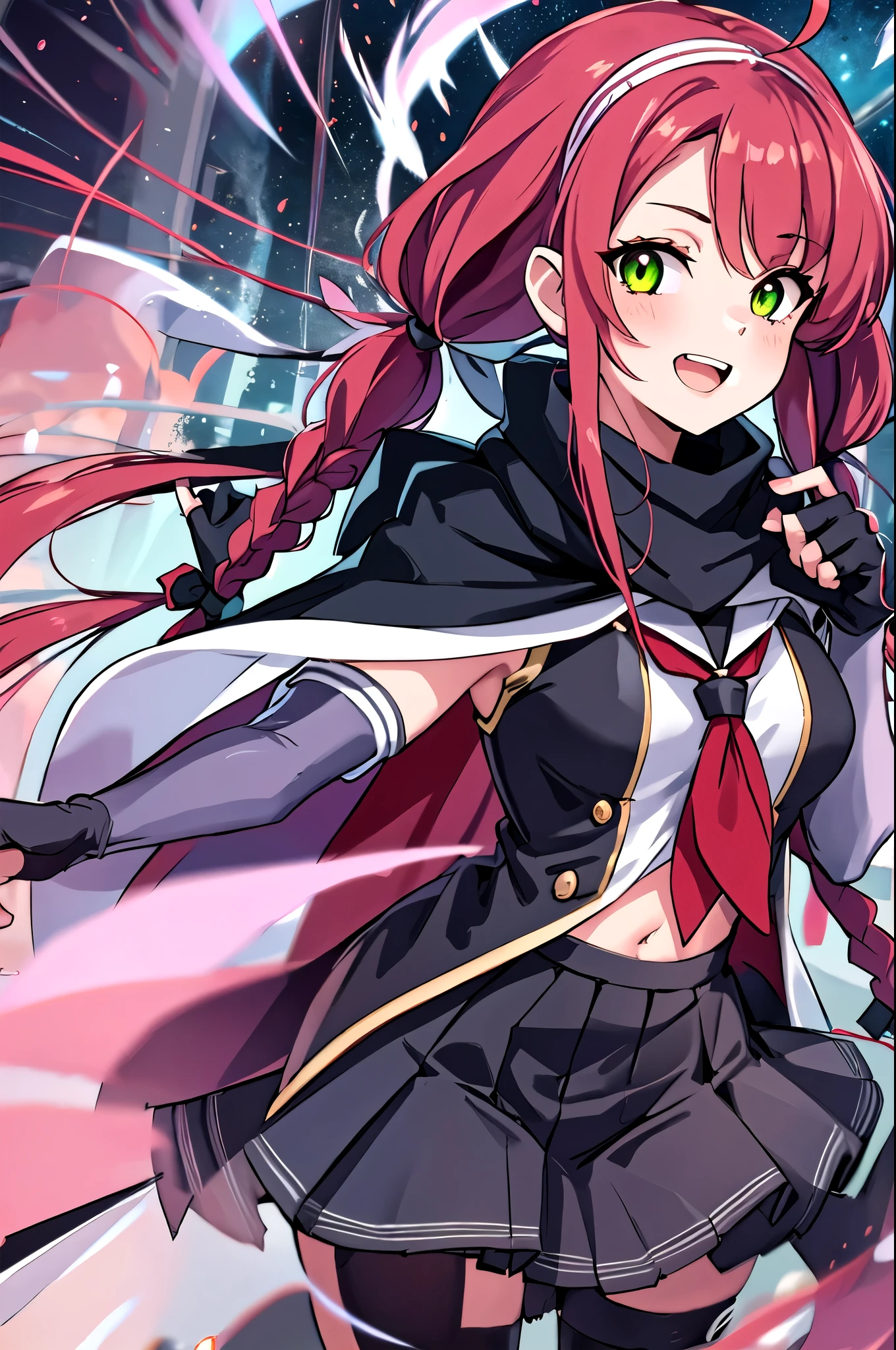 Best Quality, masterpiece,  high resolution on down, One person, {Kawakaze_Fleet Collection:1.15}, length_hair, red_hair, ribbon, hairband, hair_ribbon, 前hair, Ahoge, twintails,  side lock, low_twintails, Asymmetric_前hair, very_length_hair, smile, green_eye, Seraph, Sleeveless, hair_flap,  1 girl, black_Gloves,  braided , Cape, elbow_Gloves, fingerless_Gloves, Gloves,  looking for _in_ viewer , scarf, School_uniform, twin_ braided s, yellow_eye, Neckerchief, skirt, torpedo, mechanical, open_mouth, plained_skirt