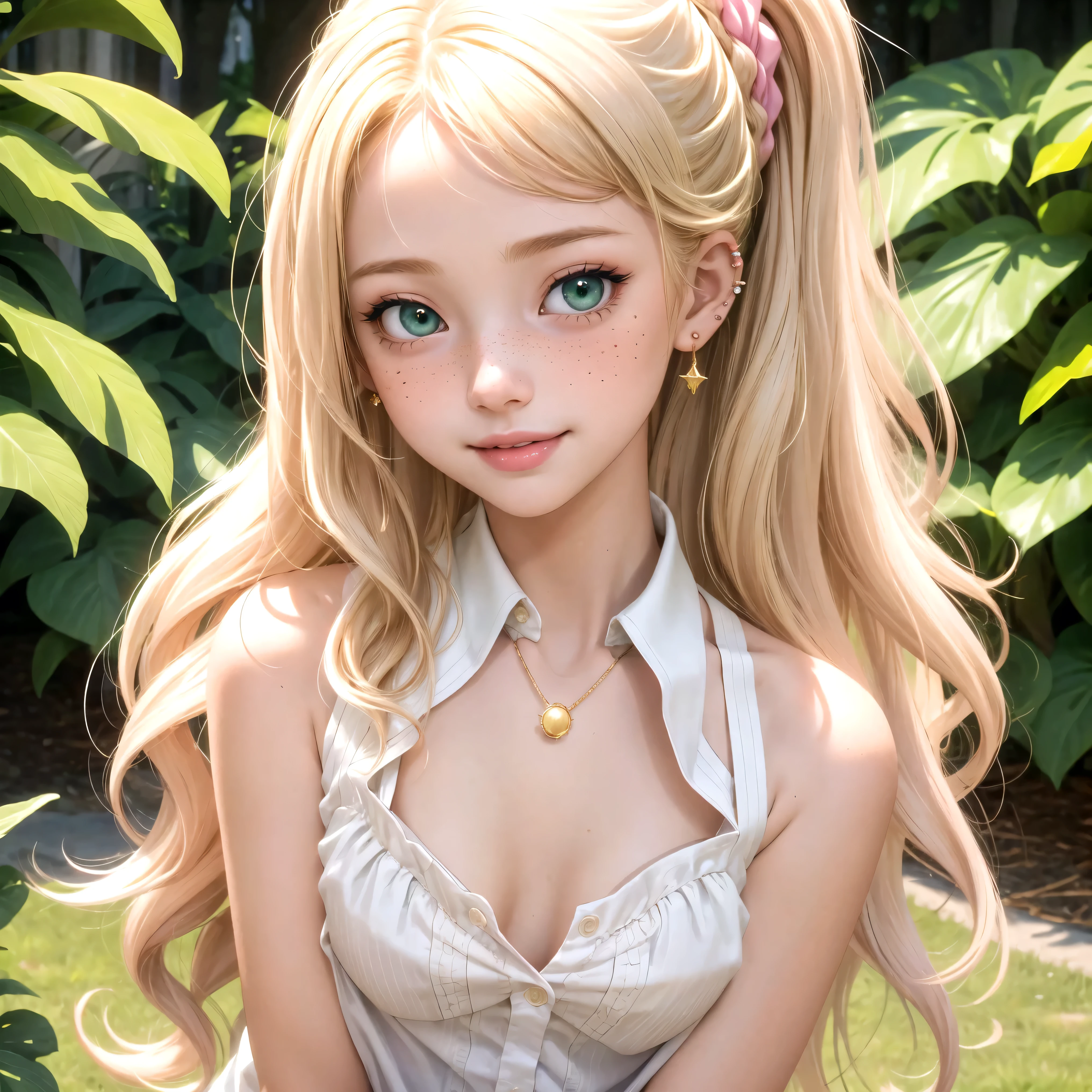 (masterpiece, best quality), 1girl, solo, face, parted lips, looking at viewer, light blush, light smile, pendant, ear piercing, long eyelashes, blonde hair, long wavy hair, high ponytail, asymmetrical bangs, green eyes, freckles, pale skin, outdoors, park, sunlight, pink scrunchie, white collared shirt, sleeveless, cleavage, small perky breasts, sexually suggestive