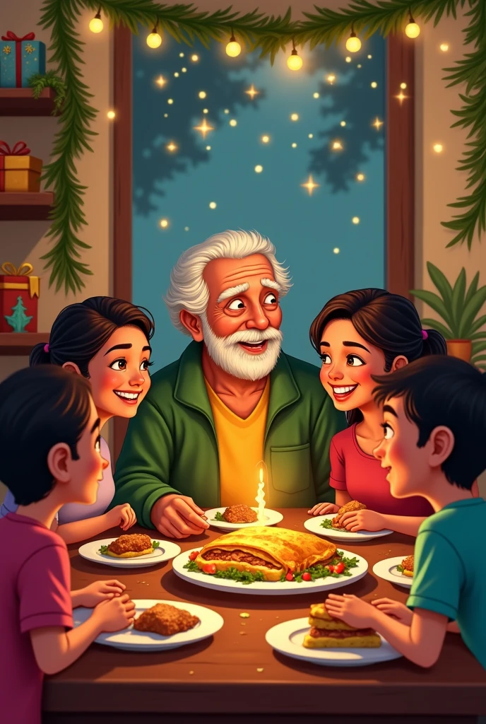 I use an image of a family dinner at a long table where the father is beardless and older and there is the mother and her children, comic style
