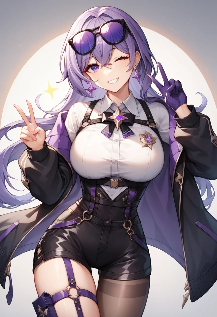  score_9,  score_8_up,  score_7_up, sauce_anime break,intricate details,highly detailed background, masterpiece, high quality, prefect hands,best quality,detail eye,(1 female :1.3),Large Breasts,,(smile:1.3),(Wink:1.3),( peace hand sign:1.3),Honkai Star Rail kafka, purple eyes, purple hair, bangs, sidelocks, eyewear on head, earrings, white shirt, collared shirt, long sleeves, black jacket, jacket on shoulders, harness, large breasts, purple gloves, black shorts, high-waist shorts, purple thigh straps, pantyhose, single thigh boot