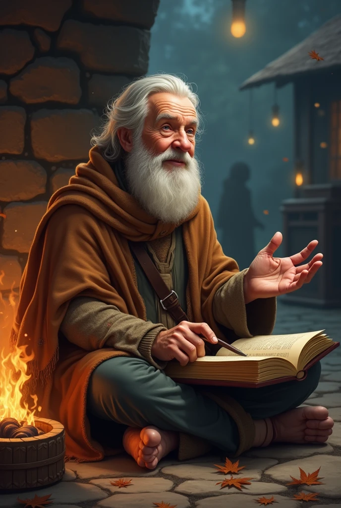 Michel Nostradamus in a temple on a table full of books from his time with a candle and a cat on the table, behind a bookshelf full of books and some plants, in addition to placing some people talking to him