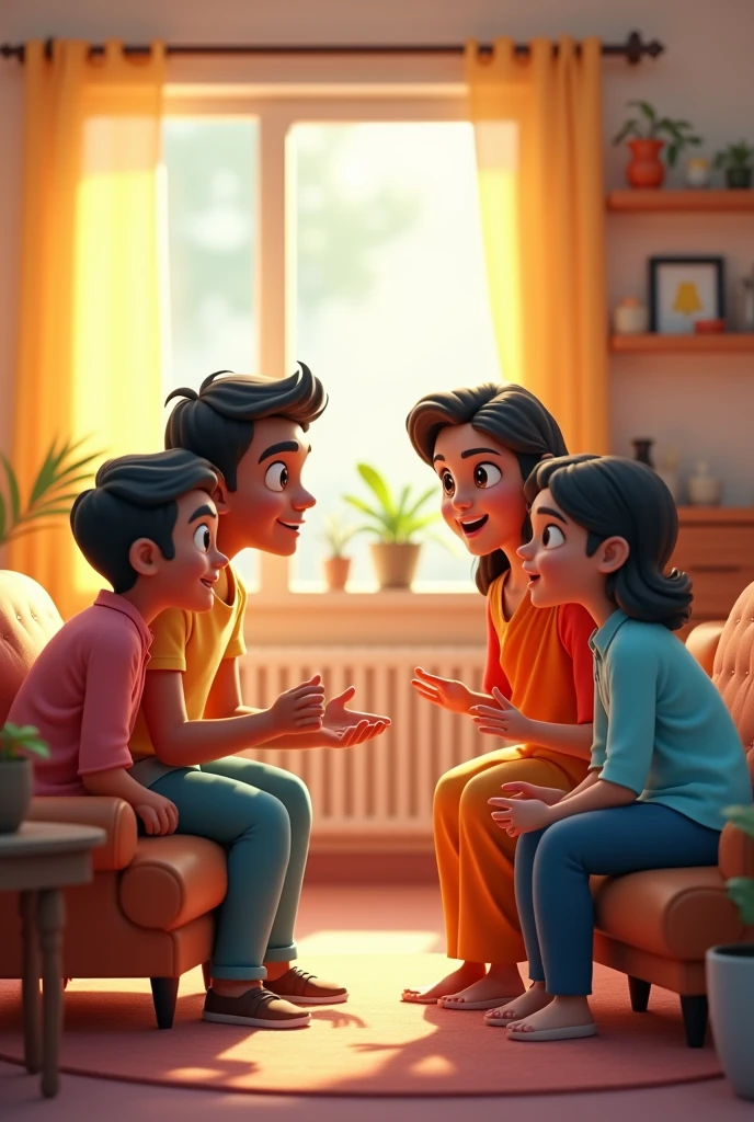 Ramoo and his family enjoying a happy and prosperous life in their new home. The scene shows a cozy, well-furnished house with a happy family in the foreground, and the lush forest in the background