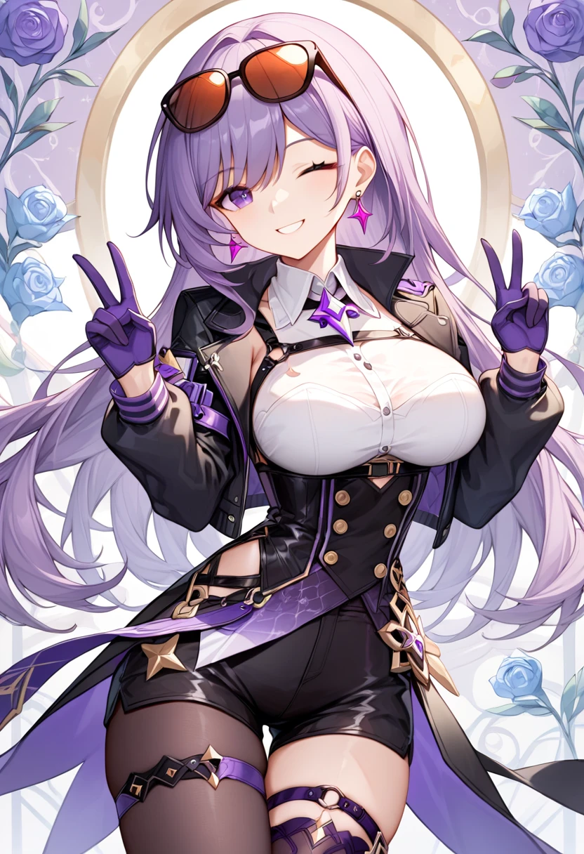  score_9,  score_8_up,  score_7_up, sauce_anime break,intricate details,highly detailed background, masterpiece, high quality, prefect hands,best quality,detail eye,(1 female :1.3),Large Breasts,,(smile:1.3),(Wink:1.3),( peace hand sign:1.3),Honkai Star Rail kafka, purple eyes, purple hair, bangs, sidelocks, eyewear on head, earrings, white shirt, collared shirt, long sleeves, black jacket, jacket on shoulders, harness, large breasts, purple gloves, black shorts, high-waist shorts, purple thigh straps, pantyhose, single thigh boot