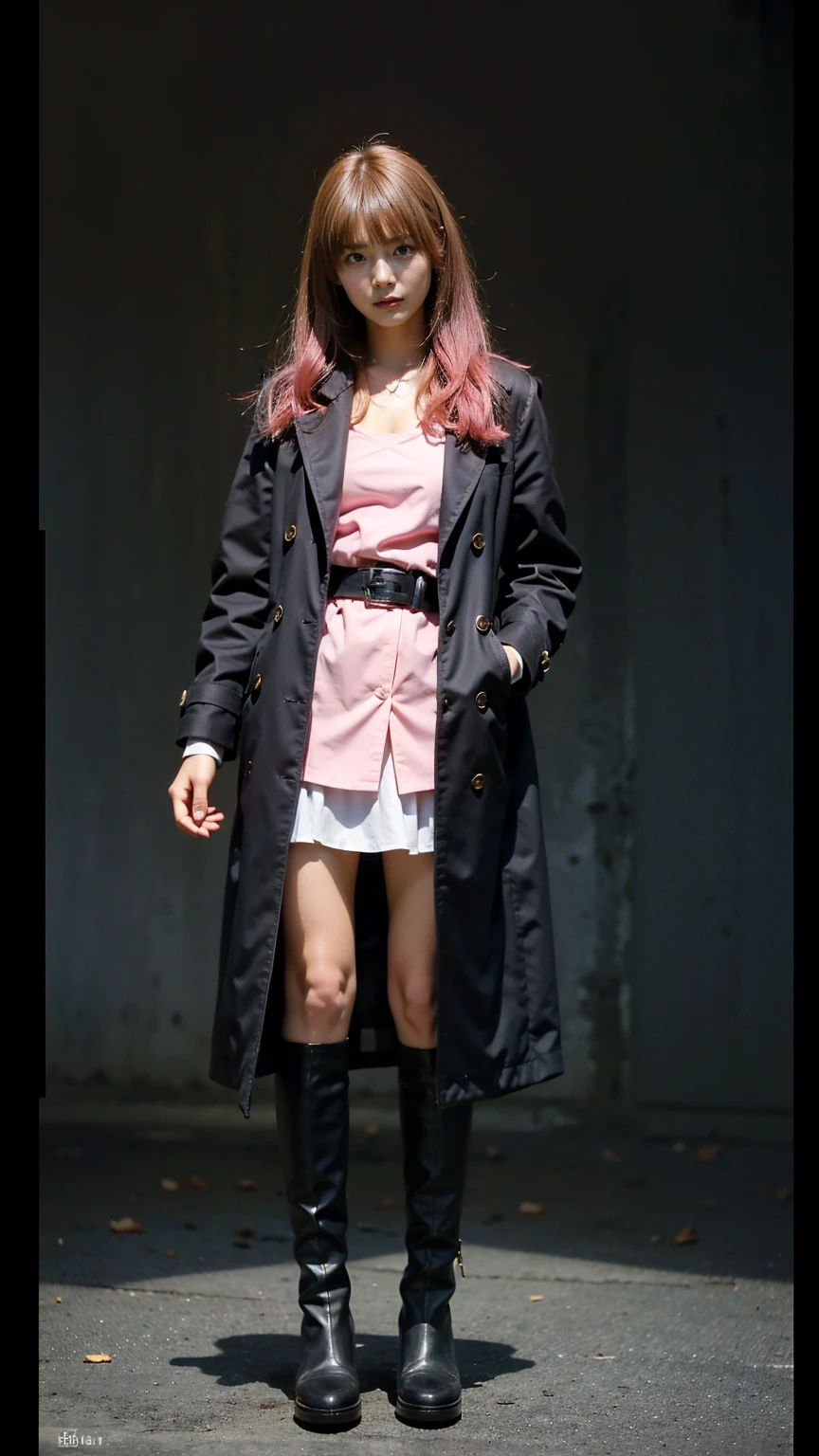 (8K、RAW Photos、Highest quality、masterpiece:1.2)、(Realistic、Realistic)、1 Girl、((Pink Coat、smile、Black mini dress、whole body、Knee socks、loafers、garden、chest emphasis、whole body、View from the front、Ribbon on chest、Looking into the camera、belt、Stand with hands on hips))、