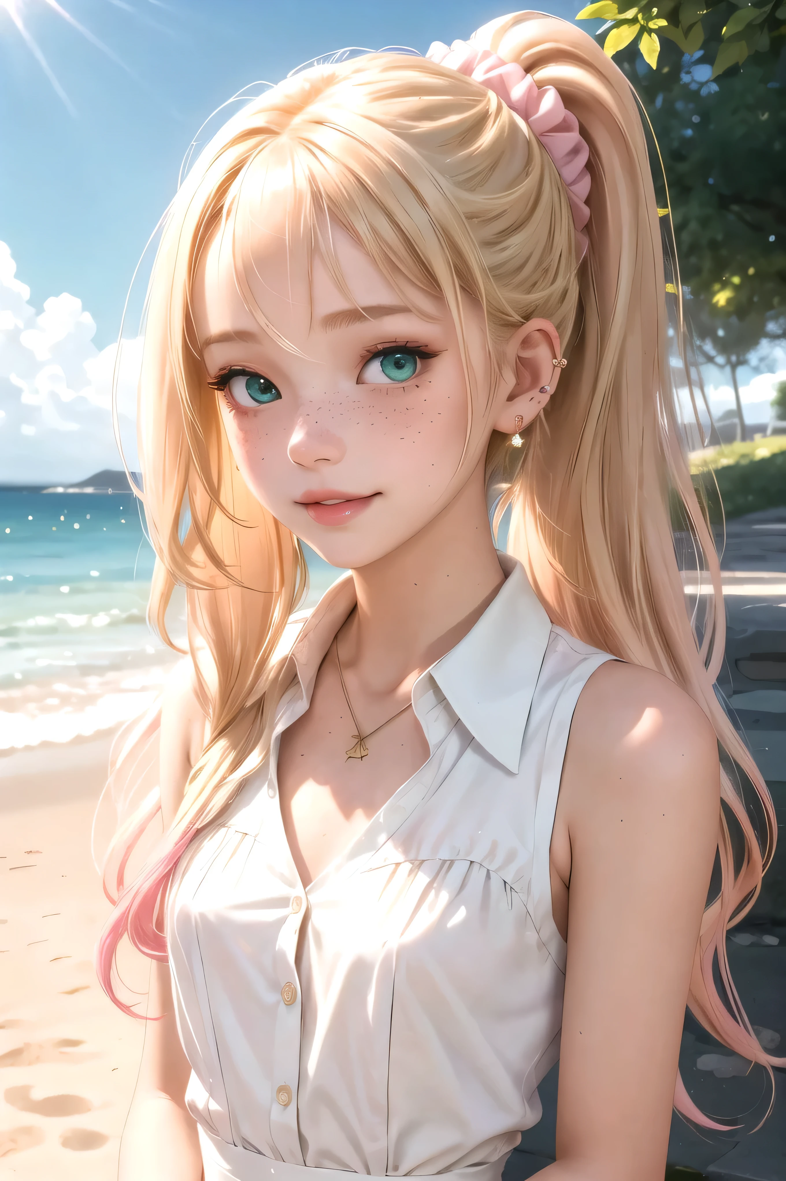 (masterpiece, best quality), 1girl, solo, face, parted lips, looking at viewer, light blush, light smile, pendant, ear piercing, long eyelashes, blonde hair, long wavy hair, high ponytail, asymmetrical bangs, green eyes, freckles, pale skin, outdoors, park, sunlight, pink scrunchie, white collared shirt, sleeveless, cleavage, small perky breasts, sexually suggestive