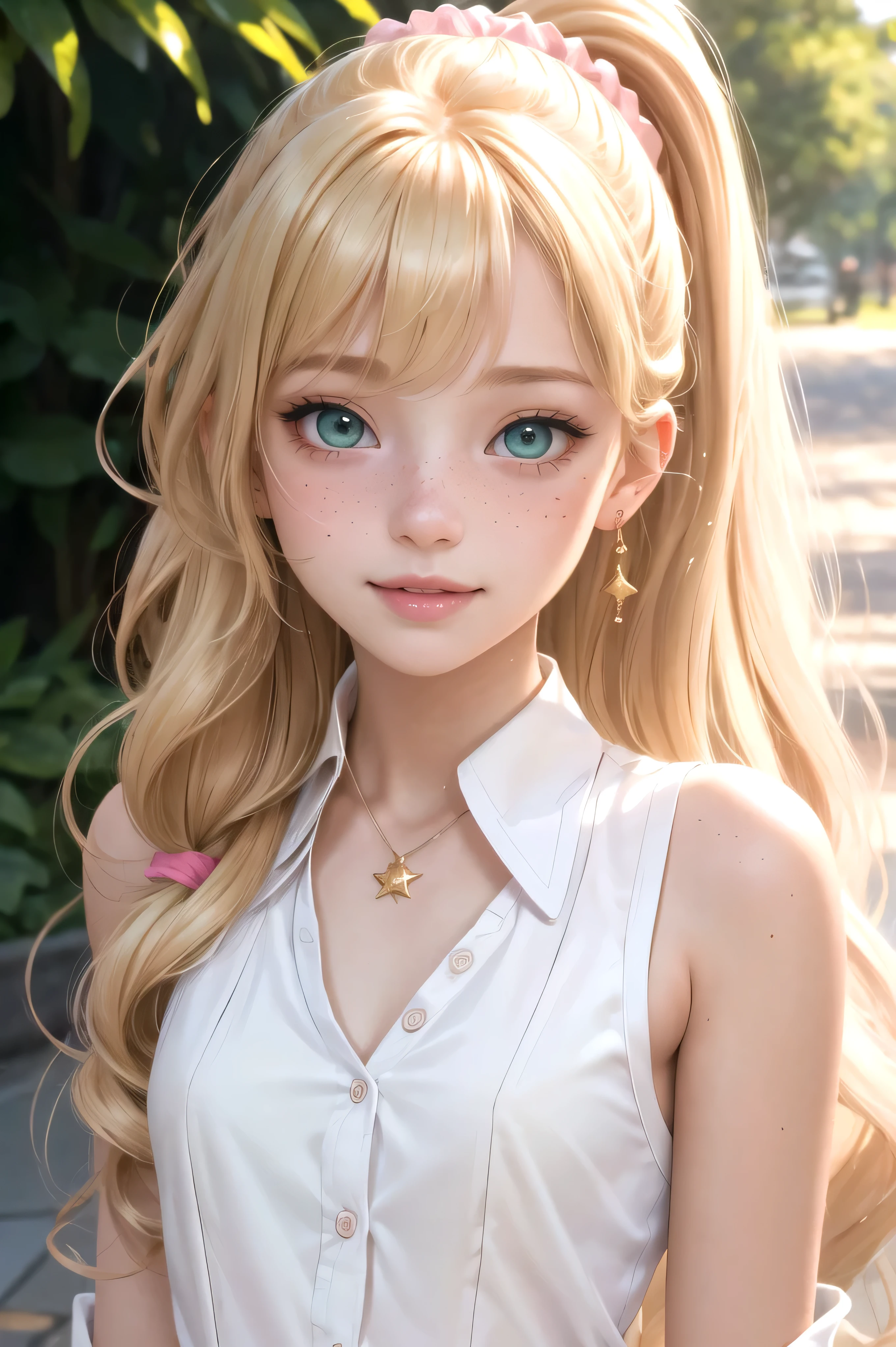 (masterpiece, best quality), 1girl, solo, face, parted lips, looking at viewer, light blush, light smile, pendant, ear piercing, long eyelashes, blonde hair, long wavy hair, high ponytail, asymmetrical bangs, green eyes, freckles, pale skin, outdoors, park, sunlight, pink scrunchie, white collared shirt, sleeveless, cleavage, small perky breasts, sexually suggestive