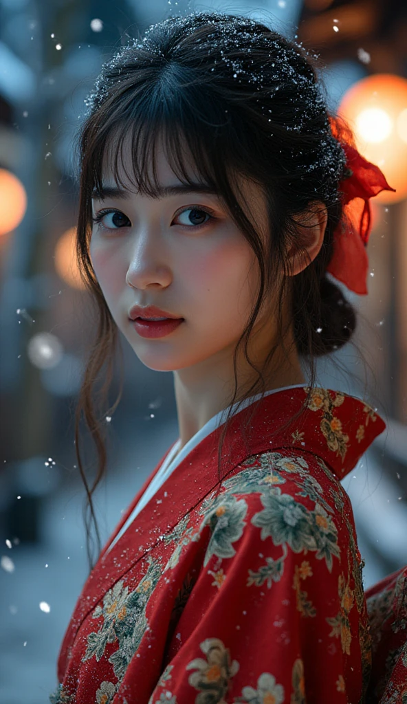 (Kimono)、(without makeup)、(top-quality,​masterpiece:1.3,超A high resolution,),(ultra-detailliert,Caustics),(Photorealsitic:1.4,RAW shooting,)Ultra-realistic capture,A highly detailed,high-definition16Kfor human skin、 Skin texture is natural、、The skin looks healthy with an even tone、 Use natural light and color,One Woman,japanes,,kawaii,A dark-haired,Middle hair,(depth of fields、chromatic abberation、、Wide range of lighting、Natural Shading、)、、(Exterior light at night:1.4)、(Falling snow:1.2)、(Hair swaying in the wind:1)、(Snow reflects light:1.3)