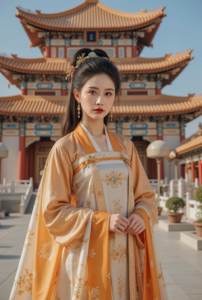 GGGJAAA，make up，huadian ，Hanfu，Magnificent buildings，palace，architecture ， east asian architecture ， highest image quality、Real images、18 years old美少女、ポニーテール beautiful woman、 Beautiful sister  、 A woman in a pink dress and cape standing in front of a building, 18 years oldの***,Duck duck 、Ninja、 white underwear 、 beautiful woman、  as a retro futuristic heroine , 18 years old、 as a retro futuristic heroine ,  Beautiful Thighs 、Sheila , Sheila ,  anime heroine portrait ,  modern sit-in portrait , anime visual of Super Girl, Super Girl,  Official Art ,