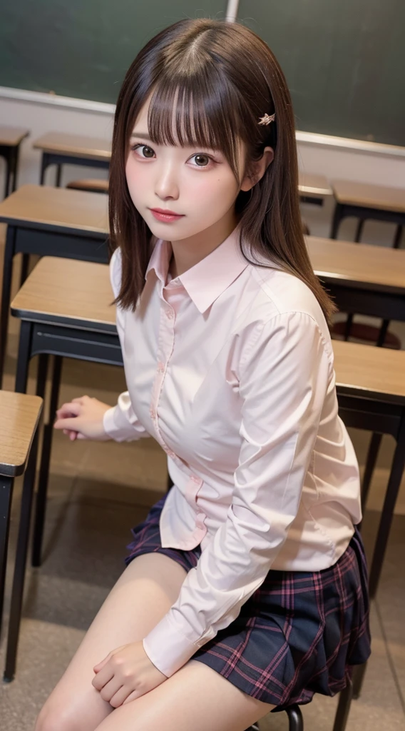 random pose、room、Japanese girl sitting on a chair、17 year old girl、high school girl、uniform、light pink shirt、navy pleated skirt、small breasts、perfect breasts、perfect skin、perfect body shape、bob hair、black hair、small face、bangs whorl、spread your legs、