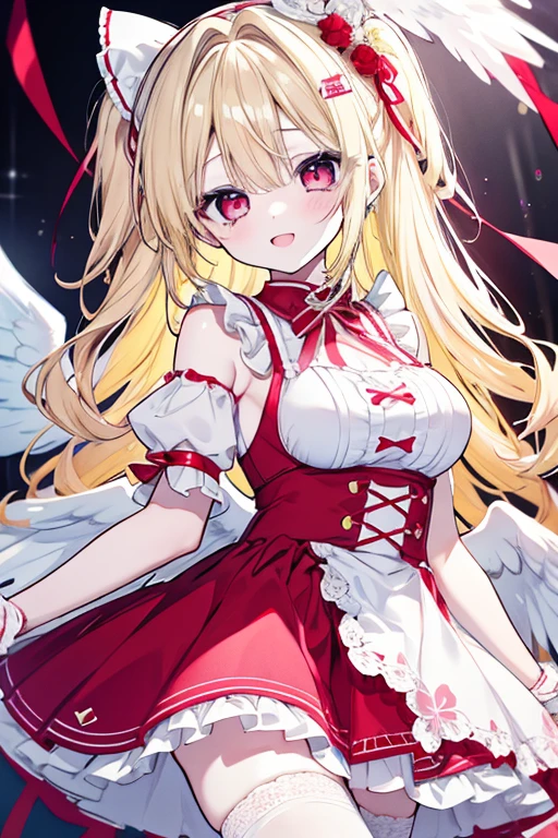 flandre scarlet, 1girl, solo, breasts, looking at viewer, blush, smile, open mouth, blonde hair, simple background, hair ornament, red eyes, thighhighs, white background, bow, sitting, collarbone, full body, ahoge, hair bow, small breasts, wings, hairclip, fang, striped, medium hair, apron, red bow, one side up, wariza, striped thighhighs, crystal, pink thighhighs, strap pull
masterpiece, top quality, super detailed, CG illustration, high resolution, better lighting, best shadows, very delicate and beautiful, proper shading, hd, 8k,