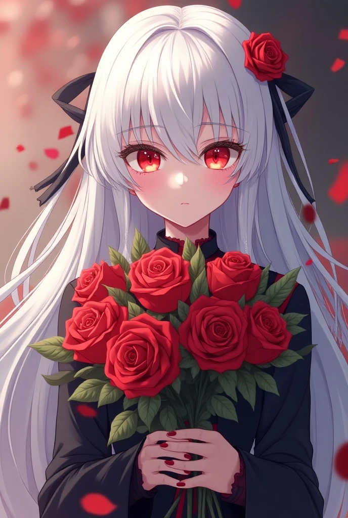 anime-style girl with long white hair and a bouquet of roses, anime drawing by Shingei , pixiv contest winner, letters, white-haired god , Shiro from The Dark Courtyard , style ufotable , Yandere An intricate , beautiful god of death , from Naruto, , digital art from danganronpa , Surrealistic anime , ethereal anime