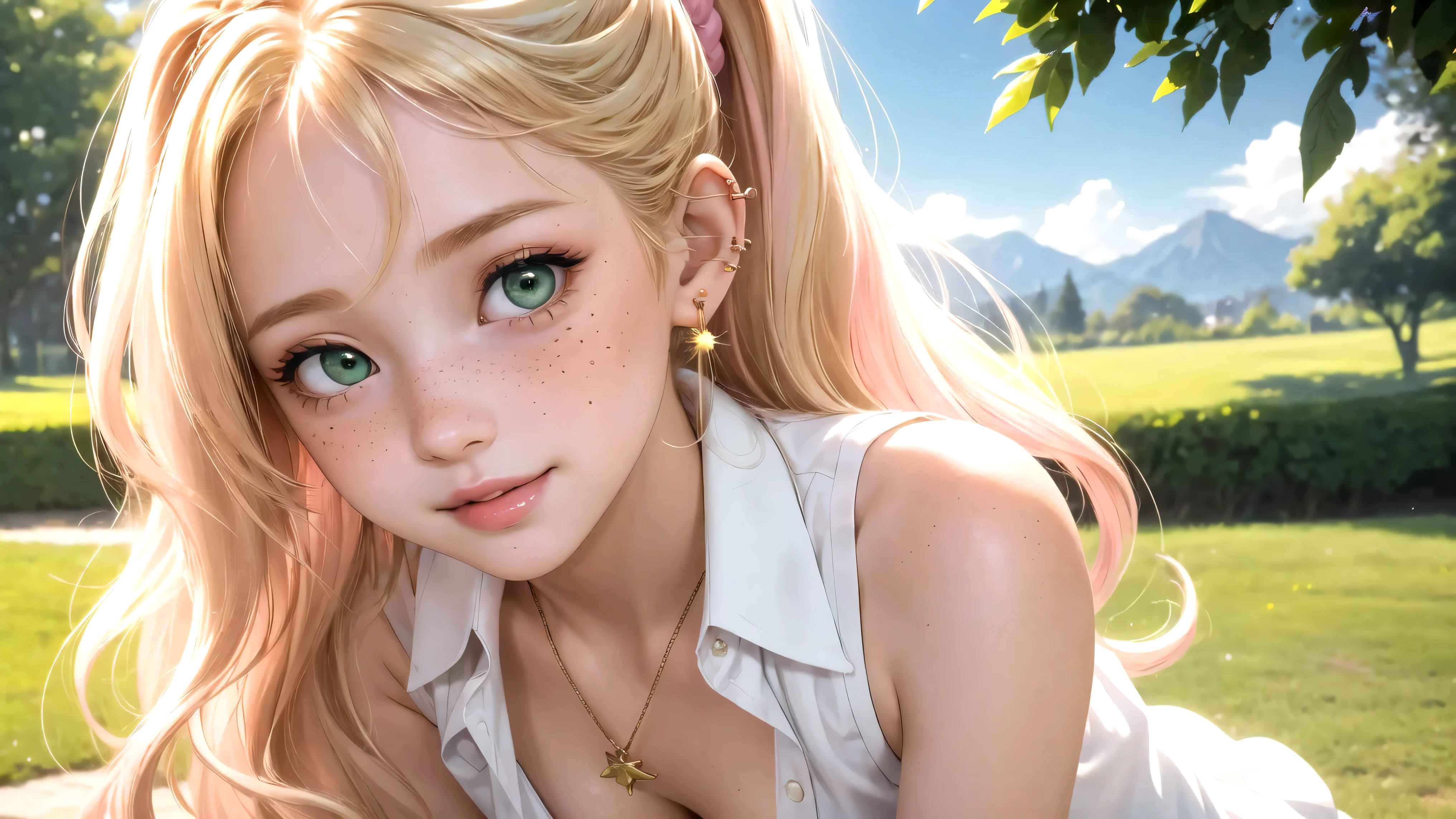 (masterpiece, best quality), 1girl, solo, face, parted lips, looking at viewer, light blush, light smile, pendant, ear piercing, long eyelashes, blonde hair, long wavy hair, high ponytail, asymmetrical bangs, green eyes, freckles, pale skin, outdoors, park, sunlight, pink scrunchie, white collared shirt, sleeveless, cleavage, small perky breasts, sexually suggestive