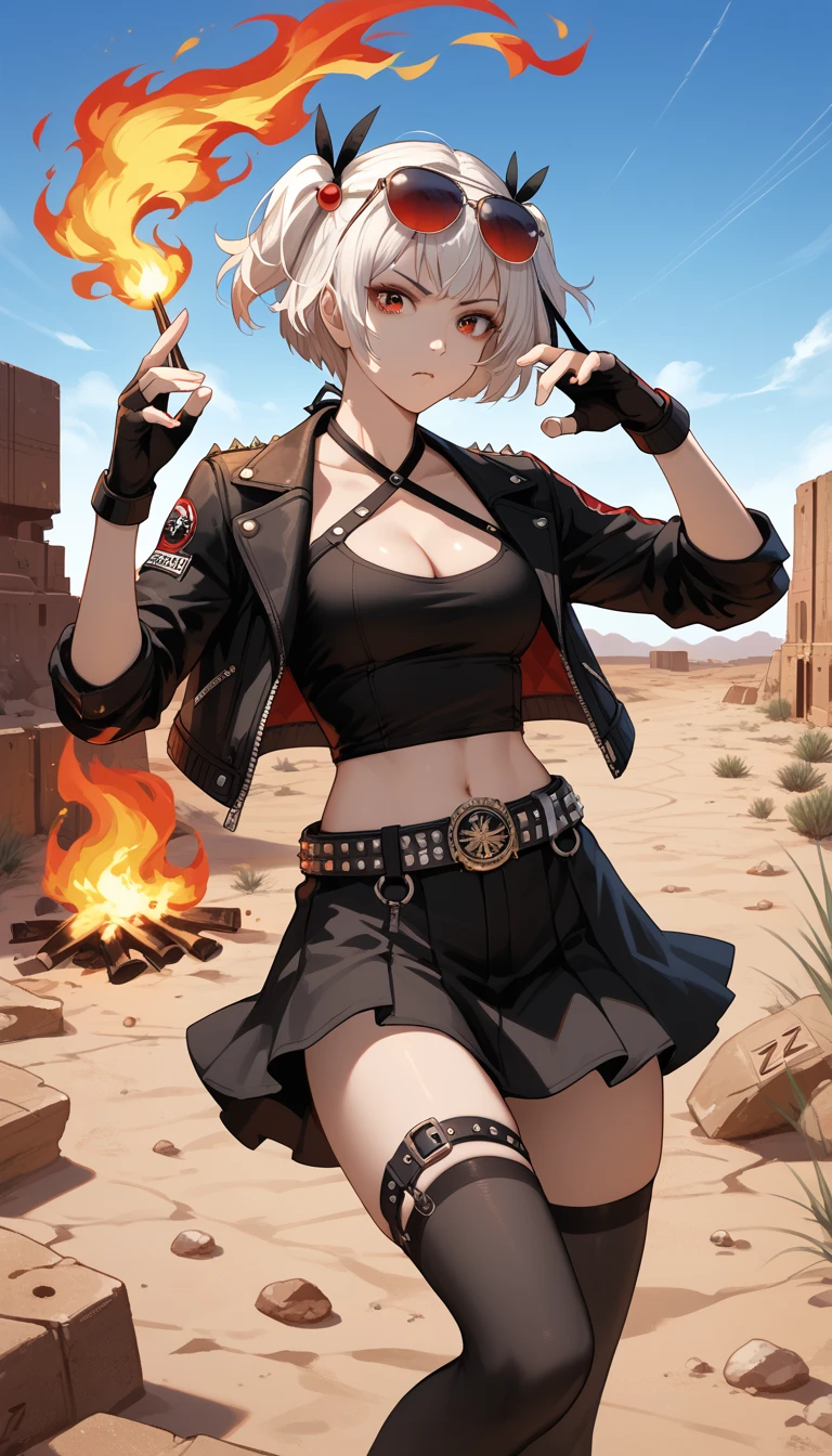  1girl,One,_ZZZ,  Short hair,  short double tails,  Hair ornament,  flamethrowers in hand, swamps behind , fire, fighting stance,  facing the viewer , very sexy, erotica,  leans forward,  sunglasses , on the head , desert area,  eyes against the background of an abandoned gas station, White,  Short hair,  short double tails,  Hair ornament ,  sunglasses , on the head  ,  red halterneck , black top pipe ,  short top ,  CLEAVAGE , life , black jacket,  fingerless gloves, studded belt , black skirt,  red hip straps, black stockings,score_9, score_8_up, score_7_up, score_6_up, score_5_up, score_4_up,