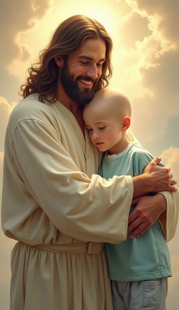 Real jesus christ with baby child on clouds both are very happy 