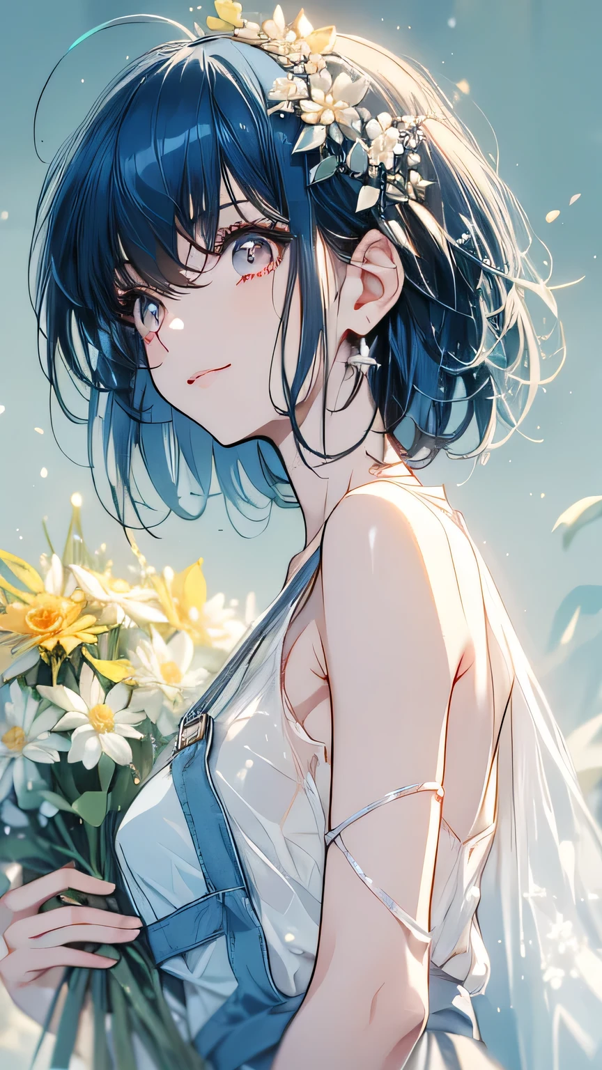 Beautiful girl, blue hair, short hair, loose, fluffy bob, white t-shirt, overalls, navy blue apron, flower hair ornament, gentle smile holding a bouquet of flowers, a flower shop with lots of flowers