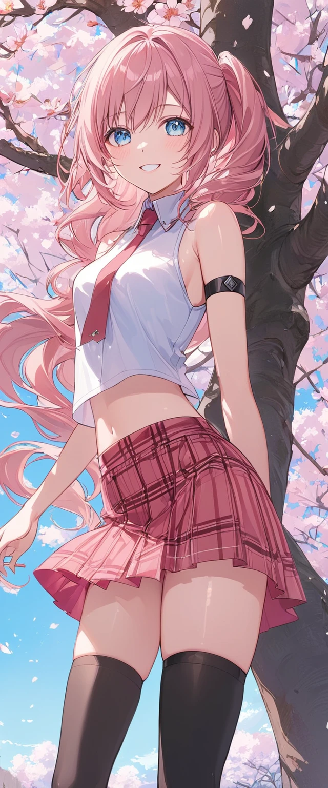 masterpiece, best quality, 8k, 4k, 1girl, (masterpiece, best quality:1.2), 1girl, serah farron, smile, looking at viewer, thin body ,arms behind back, blue eyes, super long curly side ponytail, black diamond-shaped armband, plain white sleeveless shirt with straight collar, zig-zag button pattern, straight collar shirt, midriff, transparent sleeveless pink robe, transparent pink robe, transparent robe, long transparent pink robe, red plaid-pleated short skirt, black lace skirt under, slightly lower skirt, plain black thigh-high stockings, light brown ankle boots, finely detailed eyes and detailed face, face detailed, hair detailed, clothes detailed, ((high quality)), extreme detail, Sakura tree, sakura field, inspired by Asukaziye artist : ask, art style : ask