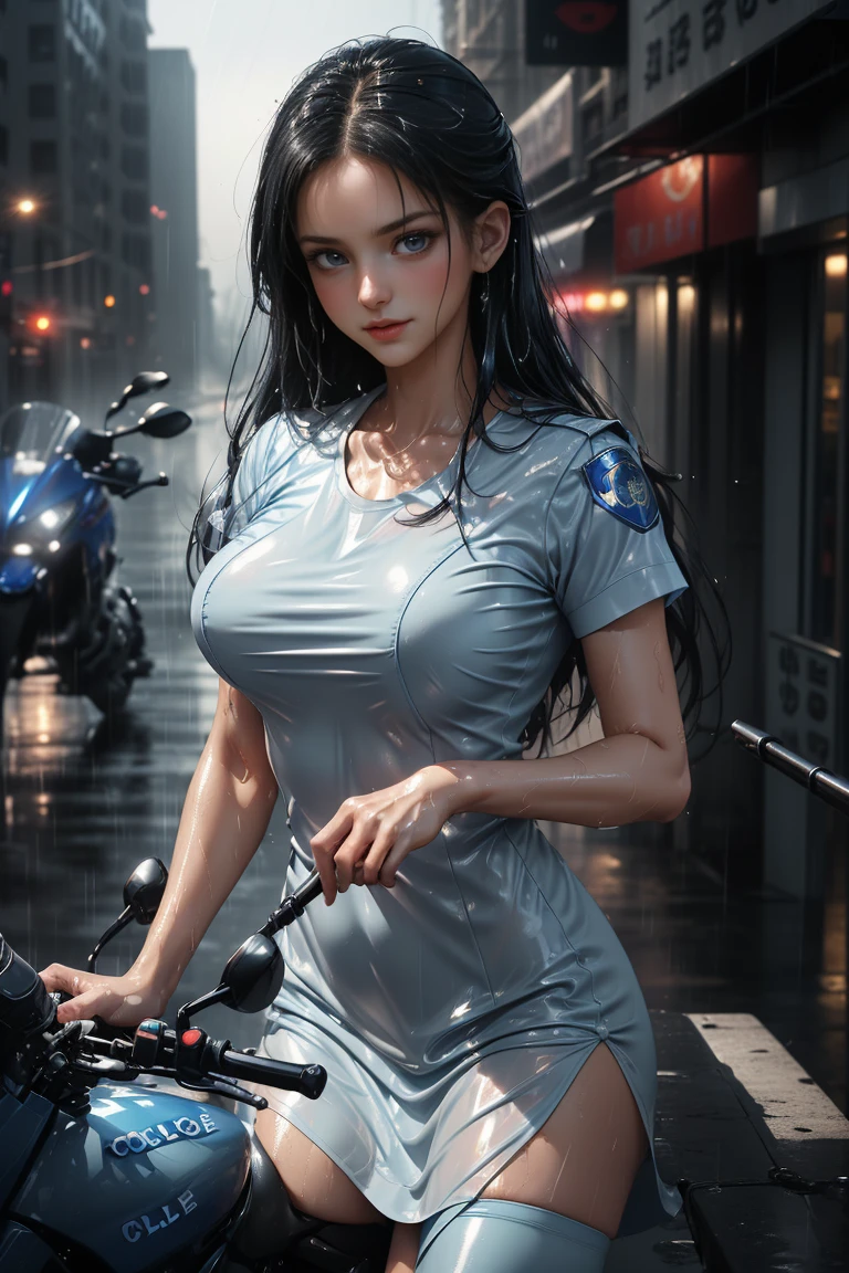 (( girl riding a motorcycle through the streets of New York))、(RAW shooting、 photorealistic:1.5、8k、Best Quality、masterpiece、 super high definition)、 Perfect Dynamic Composition :1.2、Night Street Corner,((Heavy rain due to typhoon )),  very detailedな肌と顔のテクスチャ:1.2, ((雨にWetslimな女性:1.3)),  sexy beauty ,  perfect style:1.2, Aesthetic and beautiful ,  white skin,  very beautiful face, (Rain dripping all over my body:1. 2, Wet髪:1.4, Wet:1. 2)、Water drops on skin、( medium chest、Chest gap)、( shy laugh 、 Expression When Feeling Intense Caress 、 Expression When Feeling Pleasure )、(Beautiful blue eyes、 Beautiful Erotic Eyes :0.8)、(Too erotic:0.9、charm的:0. 9）、 (( female cop :1.5)),((translucent light blue short sleeve dress shirt)),(( Navy Blue Tight Skirts )). 40k, photograph, On the table, Best Quality, Rain Background, (( 1 girl with bright hair with beautiful eyes ,  white skin, Mr.々A pose.((Medium sized chest,:1.1)), Best Quality, On the table,  super high definition, ( real:1.4), RAWphotograph, (Perfect figure), (slim:1. 3), slimな腹部, 完璧なslim体型,  dynamic pose, One person, Cold light 12000K,  very detailedな顔と肌の質感, fine grain,  realな目, 美しいfine grain, ( realな肌), charm,  super high definition,  surreal,  very detailed, ( black stockings in a dark prison)、Second bag、 Perfect Body 、 Perfect Fingertips ,((girl on a motorcycle ))、Best Quality作品、Live-action film、 Ultra Premium Graphics、8k HD CG作品、 High Quality Graphics 、High-definition CG works、10x pixels、Ultra Fine Details ：1. 1、Advanced technical details：1.1、フォト real、(erect nipples),Natural Light：1.5。Light Effects（バーチャルLight Effects：1.8）、（Golden white short hair（RAW shooting、 photorealistic：1.5、8k、 French Kissing 、