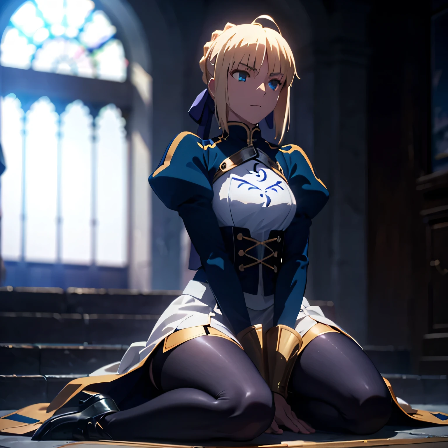 Saber from fate, aesthetic, bohemian, realistic, skirt, stockings, skinny fit, brave sitting pose, emo, staring on foreground, very bright and shinny eyes, castle night background, Dark fantasy , focus on hips, goddess, solo girl, katana