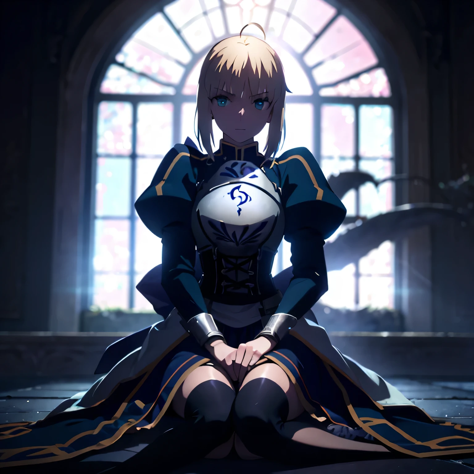 Saber from fate, aesthetic, bohemian, realistic, skirt, stockings, skinny fit, brave sitting pose, emo, staring on foreground, very bright and shinny eyes, castle night background, Dark fantasy , focus on hips, goddess, solo girl, katana