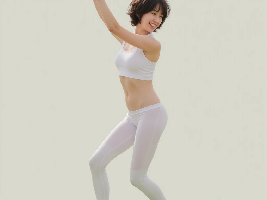  Japanese、woman、 Short Hair、Smile、profile、white colored clothes、 tank top 、 spats、Jump