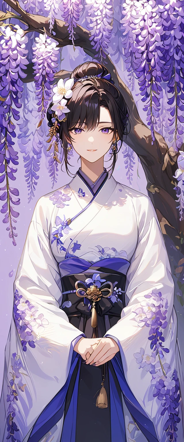 wisteria flower, wisteria tree, wisteria background, 8k ,4k , best quality, high quality, masterpiece, embroidery  clothes, big chest, all kind of hairstyle, inspired by Asukaziye artist : ask, art style : ask