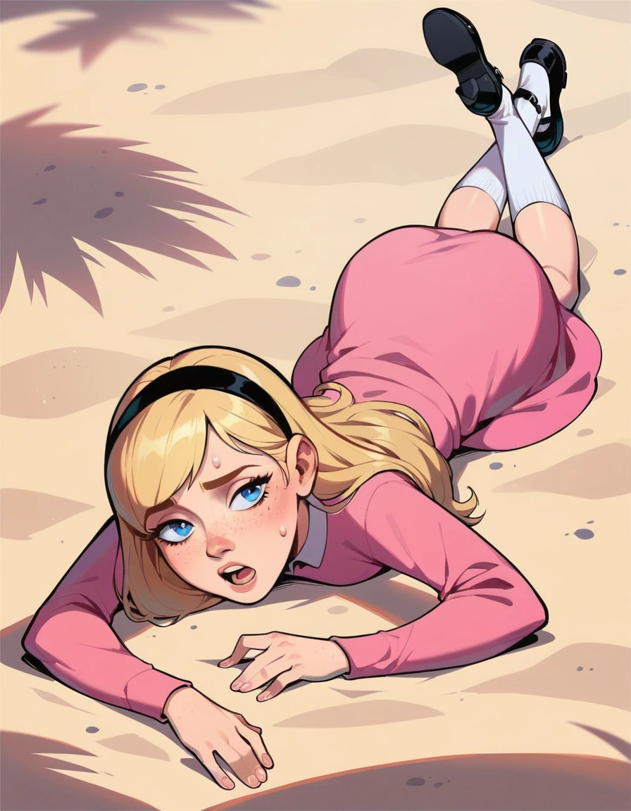 1girl, full body, solo, penny peterson, long hair, blue eyes, freckles, blonde hair, shirt, no skirt, hairband, black hairband, white socks, dress, pink dress, long sleeves, mary janes, black mary janes, straight-on, lying, on stomach, crawling, in sand, showing her butt, on ground, tired, open mouth, tounge out, Sweating, Desert Background 