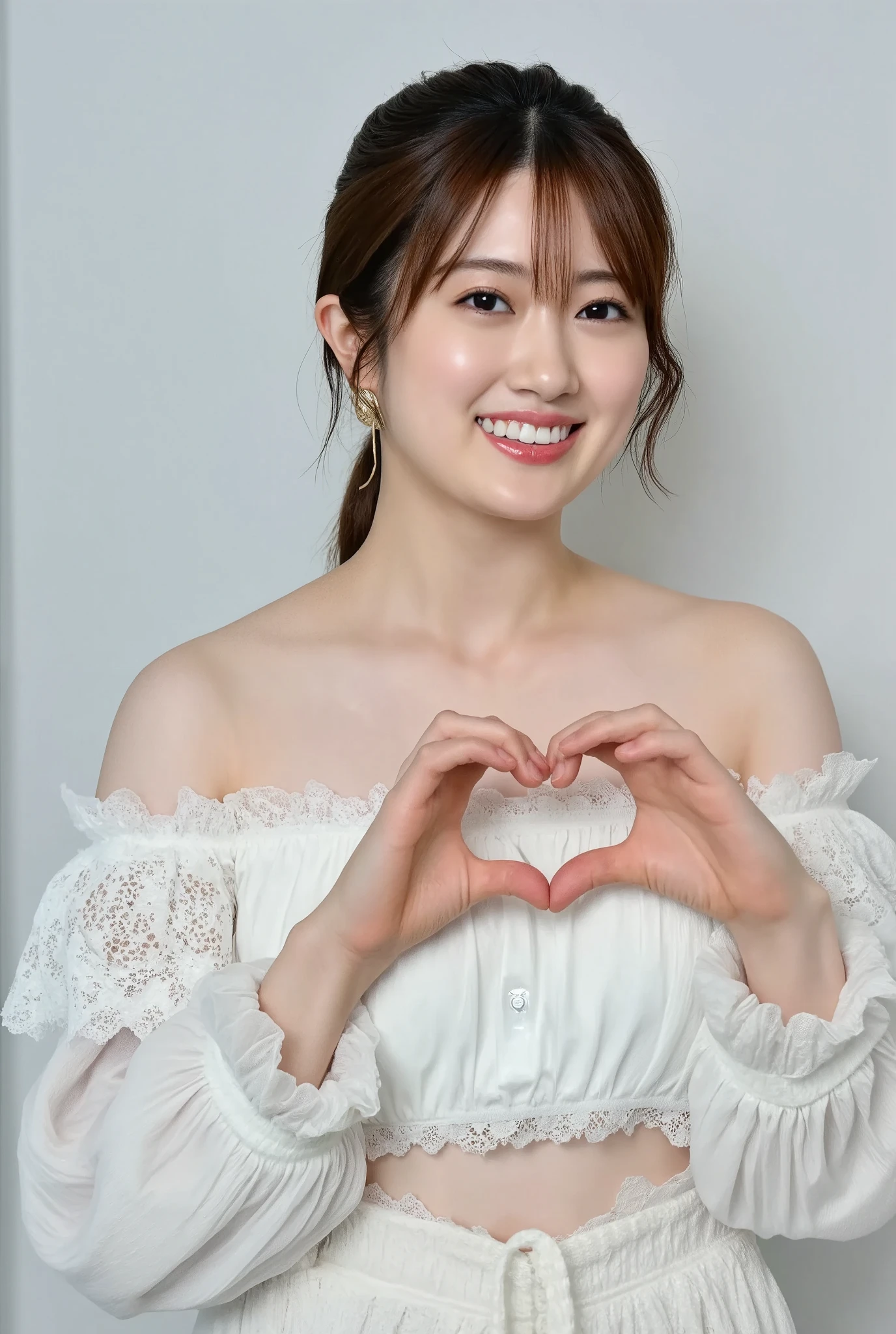 Only one woman with a cute smile wears cute, fluffy off-shoulder pajamas, makes a big heart shape with both hands, and poses them in front of her chest, View above collarbone、The background is a monotone 

