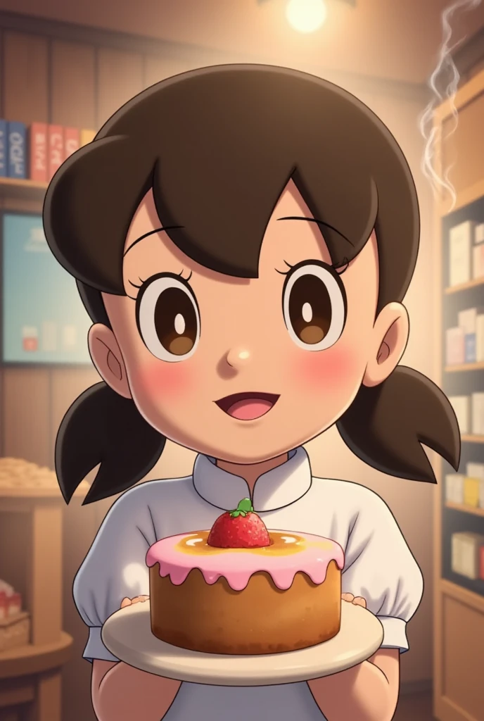 (Pixar style poster of a cute girl seen from the front in a white chef's uniform, smiling and showing a decorated medium cake. Playful face, (with brown curly hair, young and delicate skin, small chin, short chin. Laughing expression, Exaggerated expression , Perfect correct hand)，smoke gas: 1.37） cinematic background of the interior of a confectionery shop, high-quality photos, 3D studio photos, (a lot of smoke: 1.2), close-up photography, traces clear facial features, character concept art, exaggeration,