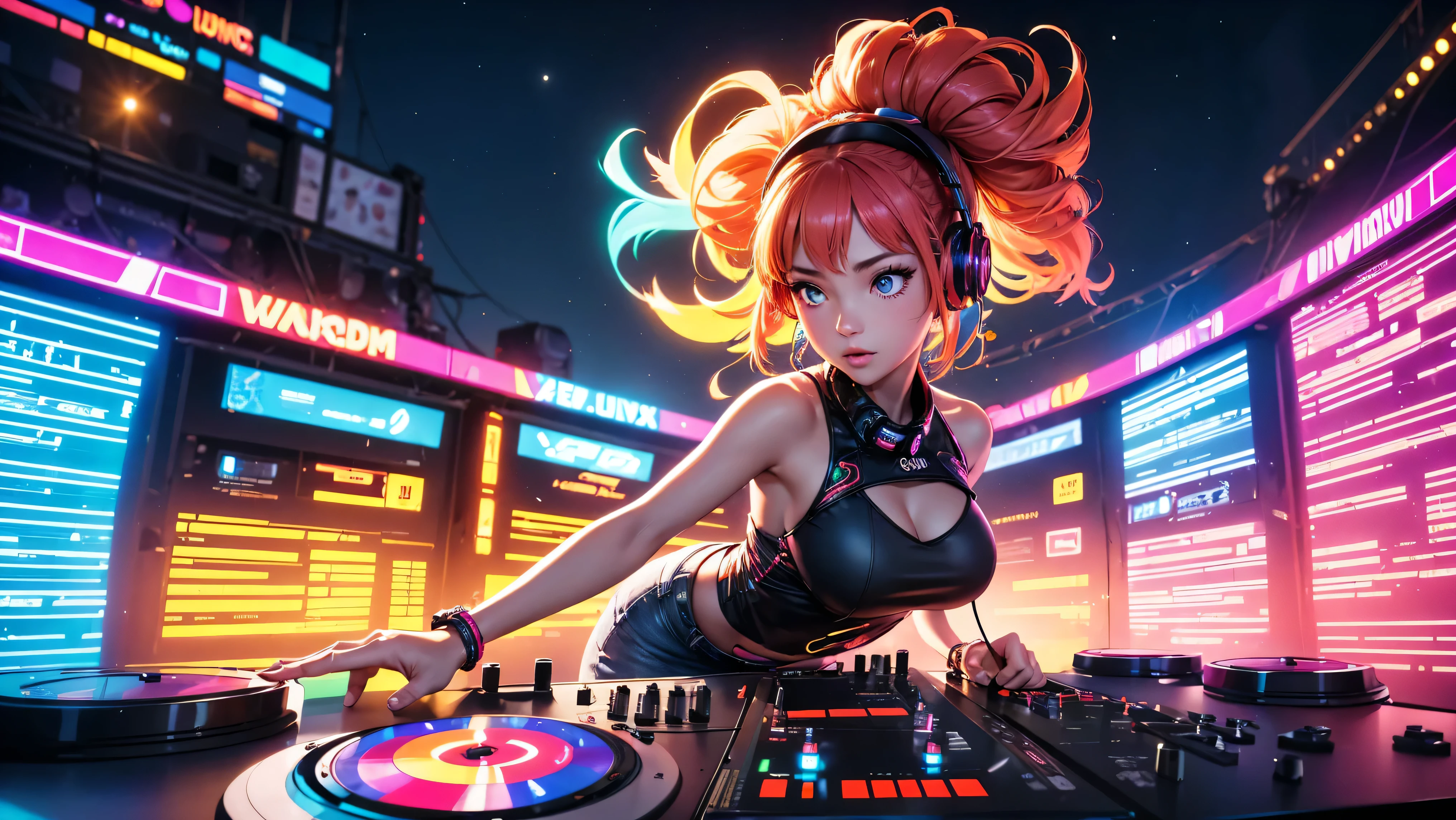 anime girl, 2 piece neon blue bikini, headphones,night beach party,dancing,smiling,(best quality:1.2),(ultra-detailed:1.2),(realistic:1.37),HDR,vivid colors,portraits,headphone girl,energetic pose,colorful lights,joyful expression ,anime style, atmosphere,techno music,electronic dance music,festival vibes,hip hop beats,festival outfit,expressive eyes,long hairstyle with vibrant green and red color hair, gold eyes, elaborate makeup neon lights,beaming smile,positive vibes,high-energy performance,stylized backgrounds,colorful visuals,excitement in the air, mid body portrait,