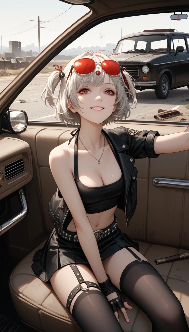  1girl,One,_ZZZ,  Short hair,  short double tails,   Hair ornament,  sits on the hood of the car,  sunglasses ,  on the head , очень sexуальная, erotica,  Blowjob, naked chest, sex, sexуальная поза, smile,  correct anatomy 1 .1., detailed hands, fingers in detail, face in detail,  beautiful slender legs, mini skirt,  leans forward, wasteland, abandoned car dump, one in the frame, lies on the seat,  The view from above ,
White,  Short hair,  short double tails,   Hair ornament ,  sunglasses ,  on the head  ,  red halterneck , black top pipe ,  short top ,  CLEAVAGE ,  life , black jacket,  fingerless gloves, studded belt , black skirt,  red hip straps, black stockings,score_9, score_8_up, score_7_up, score_6_up, score_5_up, score_4_up,