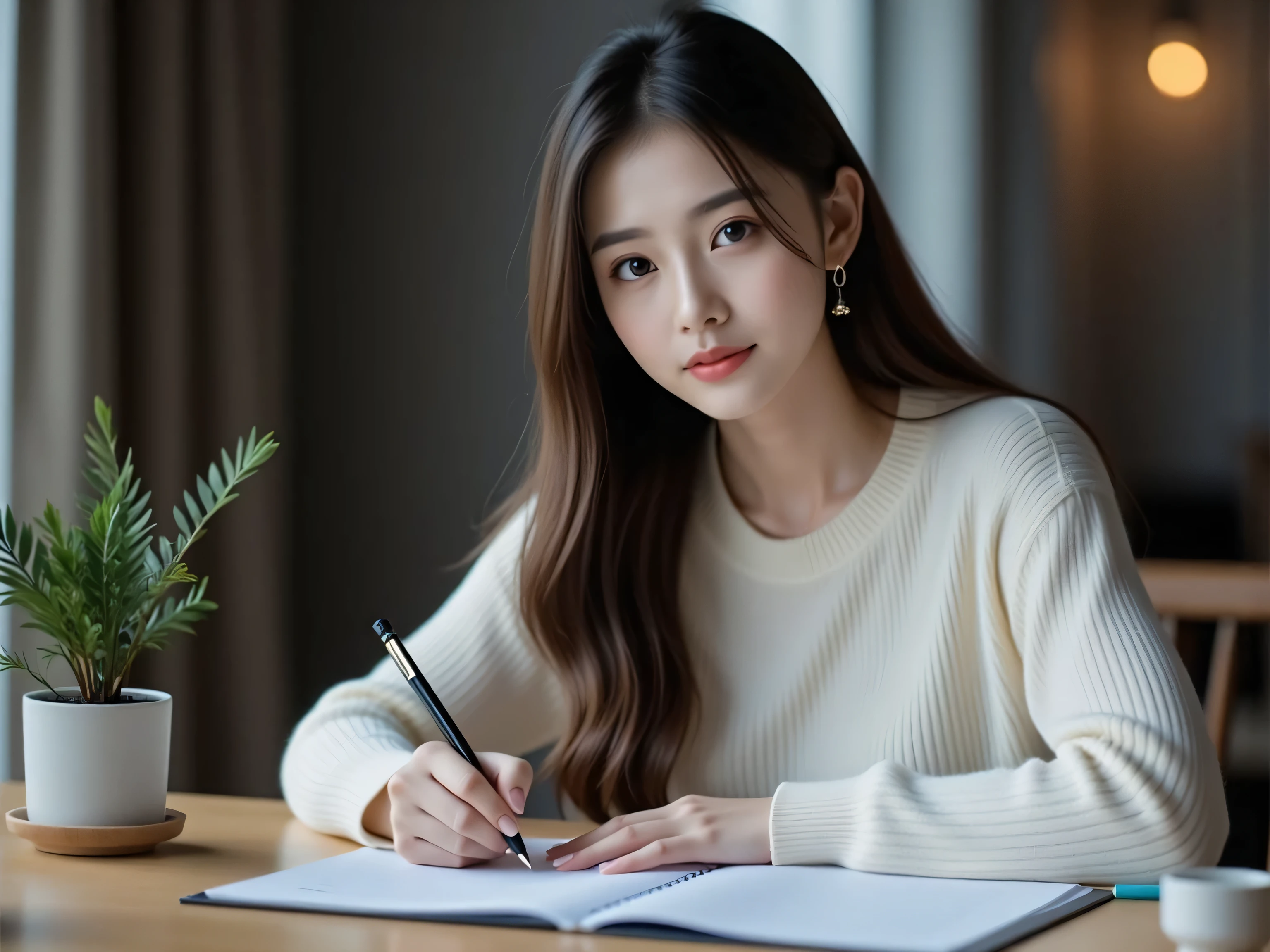 High image quality (8k image quality), high definition, outstanding work, appropriate subject depth, appropriate focus, Leica camera quality, RAW image quality, realistic、A woman studying at her desk、Detailed pupils, detailed lips, perfect hand, perfect finger、Perfect nails, detailed hands, detailed fingers, detailed nails,FLUX,east asian woman,
asian woman