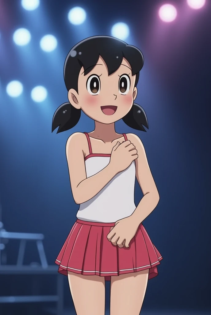 best quality, detailed face, 1girl, middle breast, smile, idol outfit, skirt, good anatomy, looking at viewer, soft focus, cinematic lighting, depth of field, happy expression, on stage