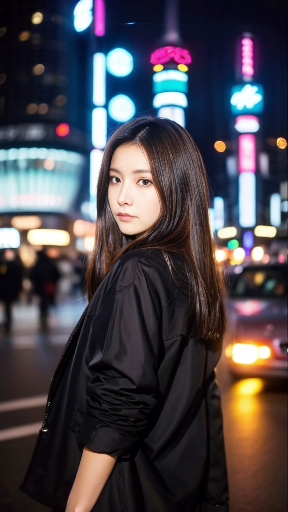 High image quality、 Japanese woman in a modest way、Beauty、 cute、（ long brown hair :1.5）、Small face、night、star、Roppongi、 reality stick、（ black jacket that is not fair:1.5）、Sad look、 Sexy Poses