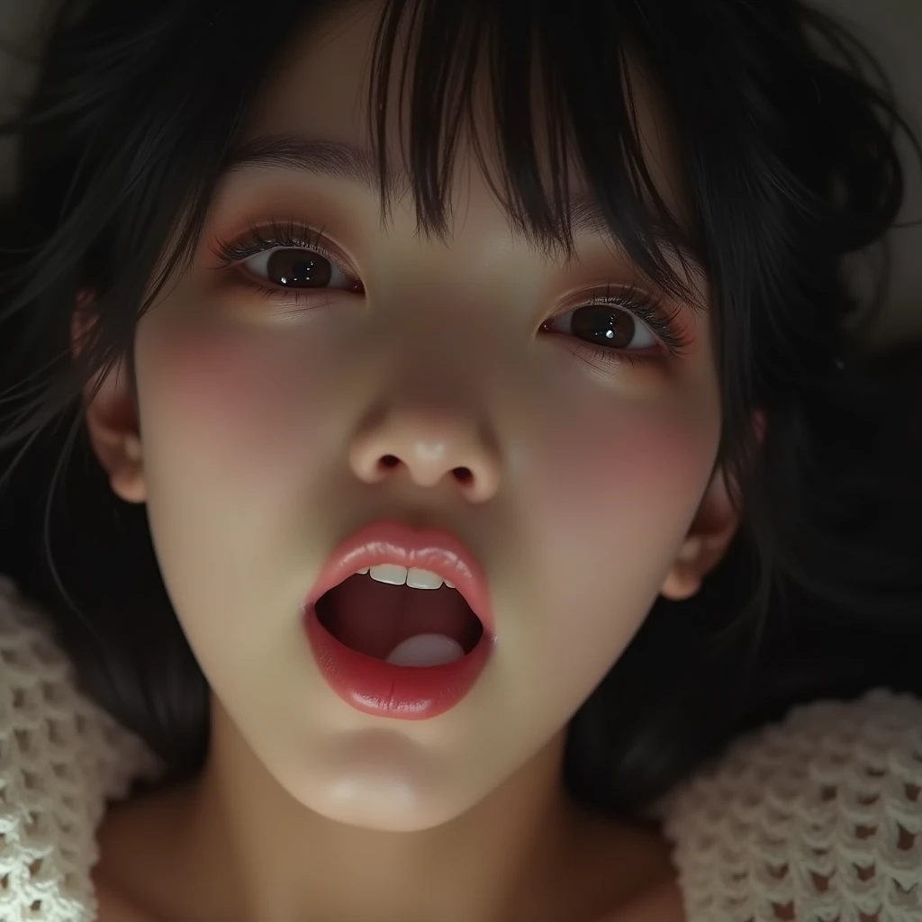 (Masterpiece:1.2, best quality), (Beautiful eyes with exquisite details: 1.2), (Detailed background,dark fantasy), (Beautifully detailed face), high contrast, (Best illumination, Delicate and extremely beautiful), ((Cinema-grade lighting)), colorful, hyper detail, incredible light, complicated details, (1 woman, alone,black hair, Sharp face,Low Twintails,conjunctivitis, hair between the eyes,Dynamic angle), (sperm splash:1.4), Black light swirled around the character., depth of field,black light particles,(broken glass),magic circle, open mouth, stick out your tongue