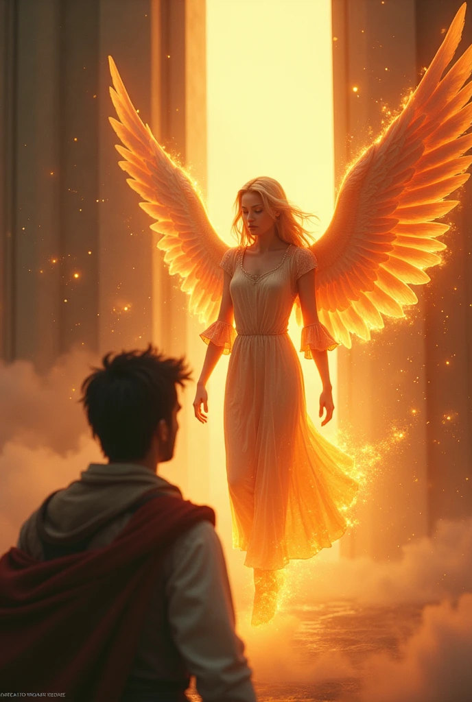 A young man, Elyon, stands in a small, humble room with a bed and a wooden table. In front of him, a majestic angel, glowing with radiant light, holds out a sword made of pure light. Elyon looks surprised and awed as he reaches out to accept the sword. The room is dimly lit, with the only source of illumination coming from the angel and the sword, (best quality,8K:1.2,High resolution:1.2),ultra-detailed,realistic, extremely detailed face,
