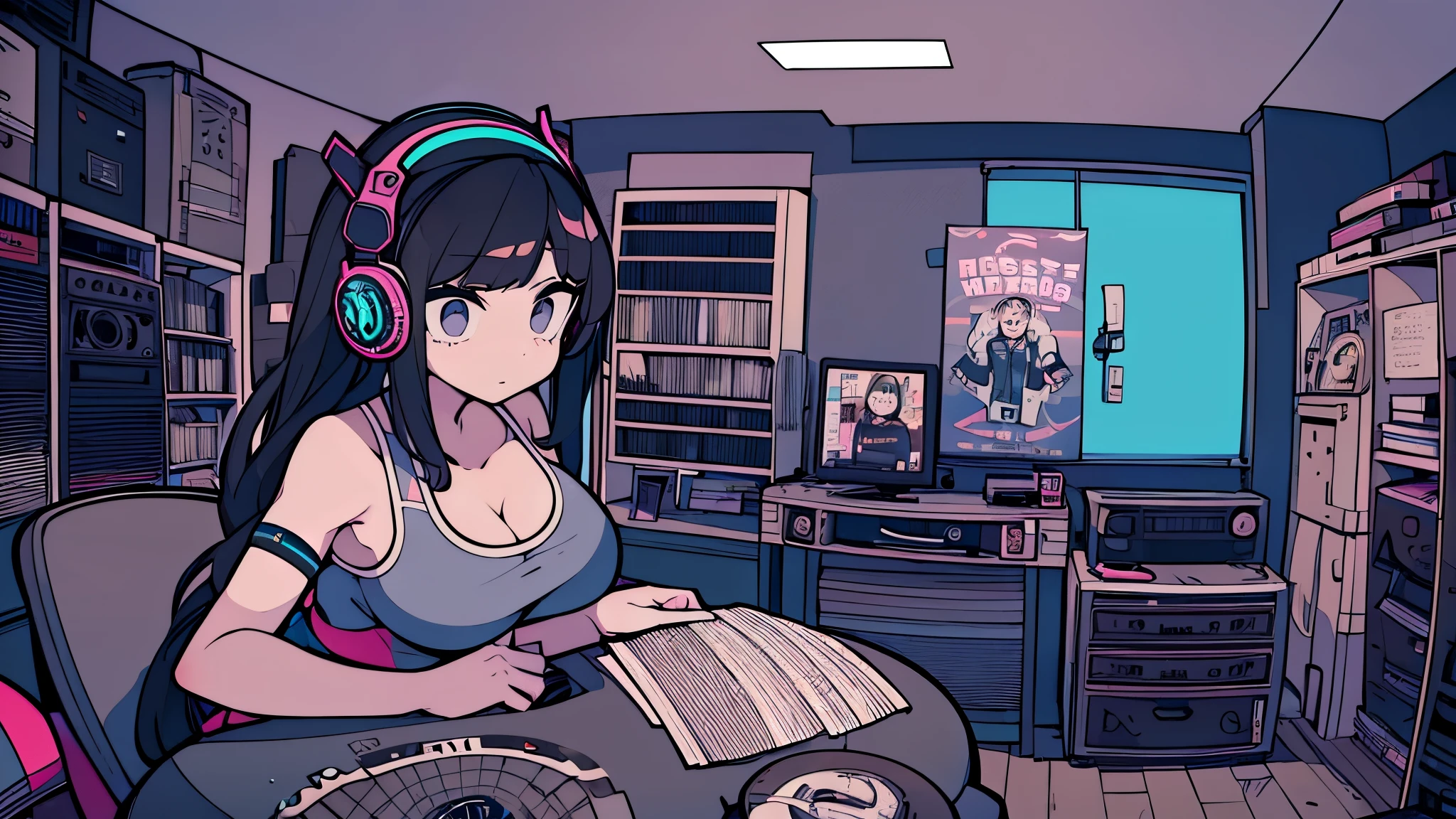 Best quality, (masterpiece), best detail face,1 girl, big breasts, 18 yo, 8k,absurdres,unity 8k wall paper,(extremely detailed:1.3), highest realistic, (retro headphones:), Her room full of music equipment and records, sports wear, tube tops, See the whole room, soft neon light, dark hair