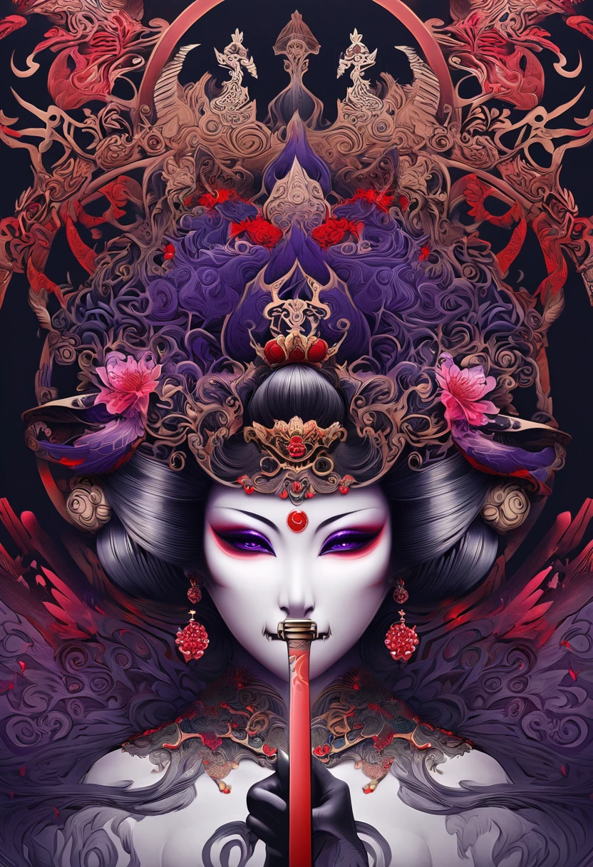 "A dark and majestic illustration of a demonic Goddess wearing armor filled with detailed carvings, having a terrifying facial expression with sharp eyes and visible fangs. The crown is decorated with large horns that resemble those of a demon, while the center of the armor is filled with intricate patterns and ornaments All around are traditionally dressed geisha with calm expressions, holding sharp katana swords and pointing outwards, creating a stunning symmetry effect. These geisha are arranged in a circular pattern that envelops the figure of the Goddess, against a dark background that features red and purple. Every element, from the face, to the hair, to the clothes, is created with extraordinary detail, creating a mystical and elegant impression in a dark and sinister atmosphere."