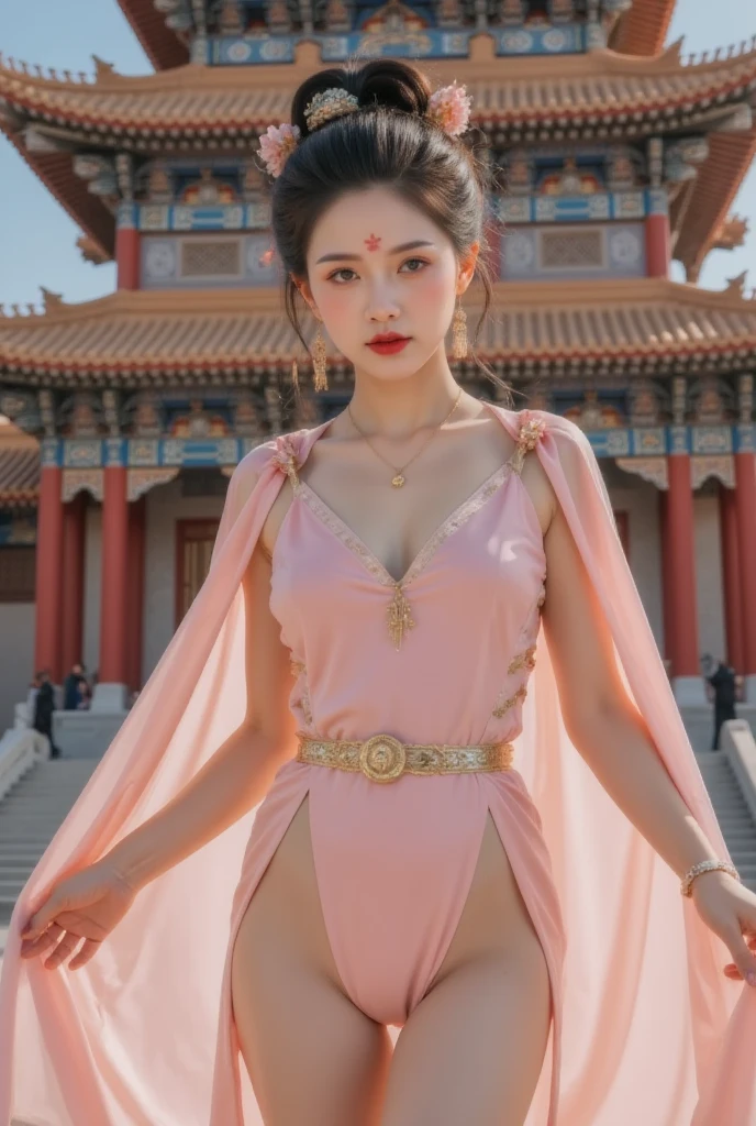 GGGJAAA，make up，huadian ，Hanfu，Magnificent buildings，palace，architecture ， east asian architecture ， highest image quality、Real images、18 years old美少女、 beautiful woman with ponytail 、 Beautiful sister  、 A woman in a pink dress and cape standing in front of a building, 18 years oldの美丽的女人、  as a retro futuristic heroine , 18 years old、 as a retro futuristic heroine ,  Beautiful Thighs 、Sheila , Sheila ,  anime heroine portrait ,  modern sit-in portrait , anime visual of Super Girl, Super Girl,  Official Art ,