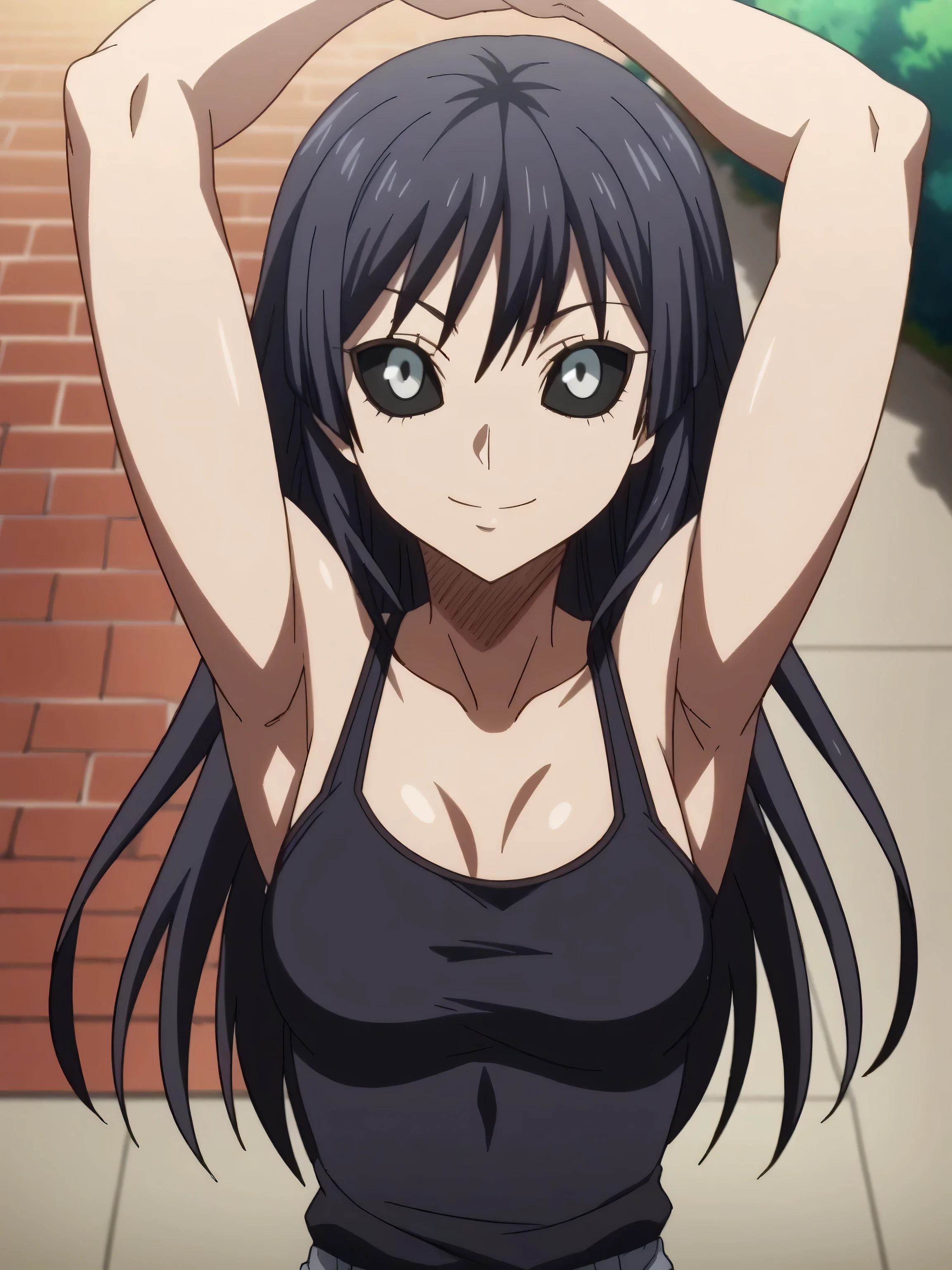 score_9, score_8_up, score_7_up, source_anime, anime screencap, 1girl, solo, kure karura, long hair, bangs, black hair, white eyes, black sclera, colored sclera, black tank top, sleeveless, bare shoulders, bare arms, arms up, raised arms, armpits, from above, looking at viewer, head towards viewer, smile, closed mouth, outdoors, day, park, badhandv4