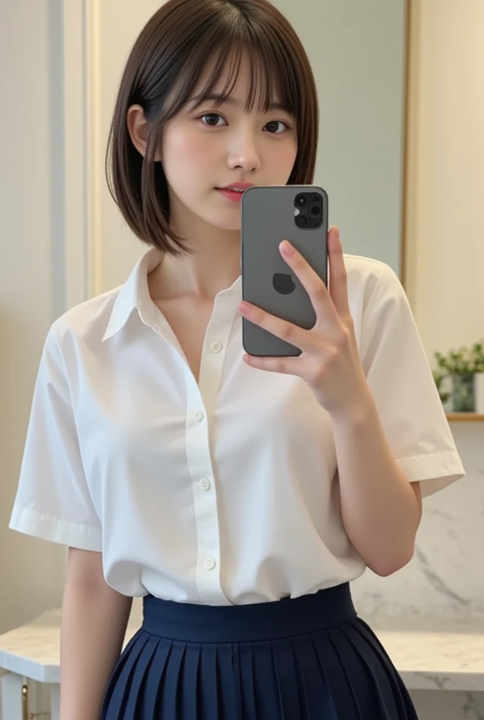  High quality self-portrait of an Asian woman with bare breasts taking a selfie in front of a mirror using her iPhone.  She was standing in the office bathroom .  There is a pastel wall in the background . The light is soft and beautiful .  Highlighting the elegant and modern design of the bathroom .  Equipped with marble countertops and luxury accessories .  A young woman in the mirror is confidently holding a cell phone,  captures the atmosphere of the office . (She is wearing white clothes ((SHORT SLEEVE BUTTON DOWN SHIRT )) ((Unbutton to reveal her grey bra :1.5 , small breasts)), ( dark blue pleated skirt ) (( small breasts))  (( short hair:1.5))