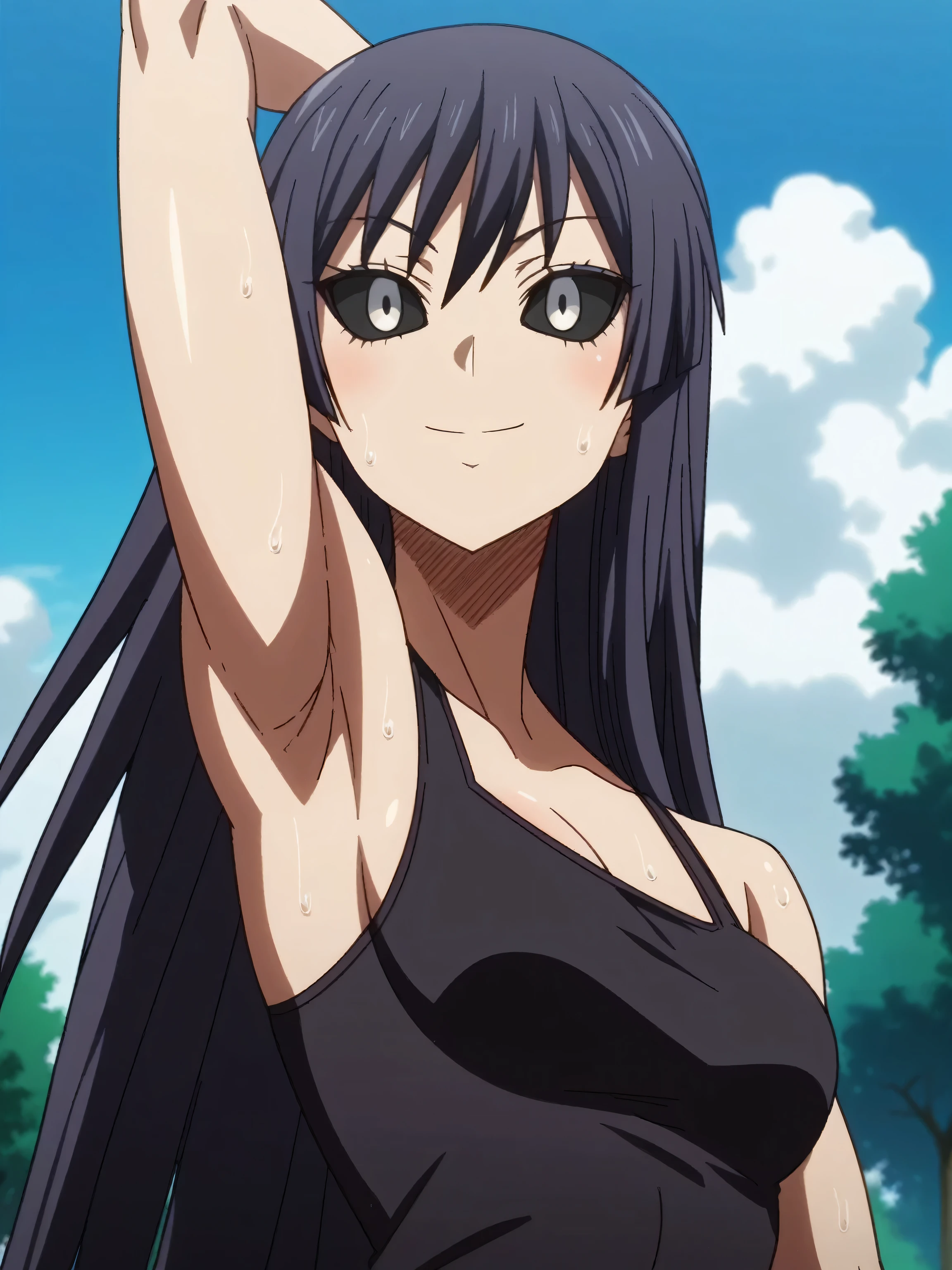 score_9, score_8_up, score_7_up, source_anime, anime screencap, 1girl, solo, kure karura, long hair, bangs, black hair, white eyes, black sclera, colored sclera, black tank top, sleeveless, bare shoulders, bare arms, arms up, raised arms, armpits, from above, looking at viewer, head towards viewer, smile, closed mouth, outdoors, day, park, badhandv4