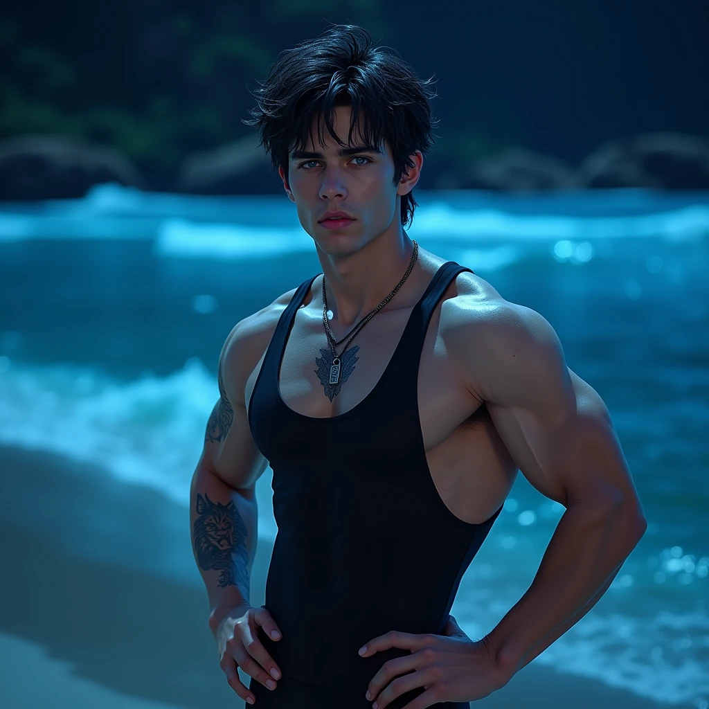 a shirtless muscular man with a wet body, wet hair, water droplets, dramatic lighting, cinematic camera angle, chiseled abs, handsome face, alluring expression, fantasy water realm, underwater scene, moody lighting, dramatic pose