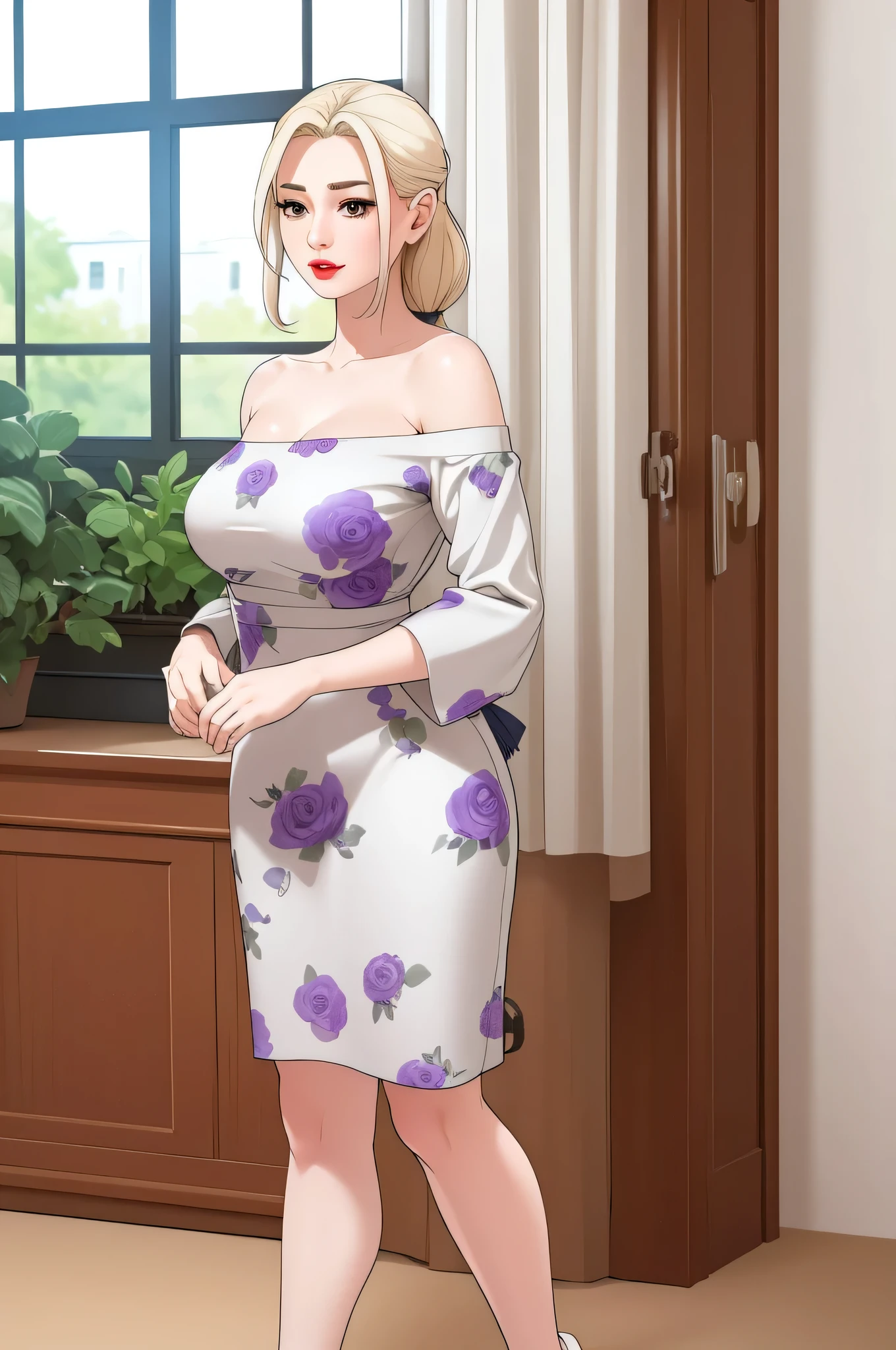 Extremely beautiful woman, medium breasts, pale blonde hair, big brown eyes, plump red lips, wearing a long light grey midi dress with slightly small puffed sleeves, purple flower patterns, and v neckline. A white shawl worn in an off shoulder style resting on her elbows and white slippers. Standing straight near window and looking out, hands joined together, hair pulled back, low side ponytail tied with white ribbon, beautiful plain expression, show full body from head to feet.