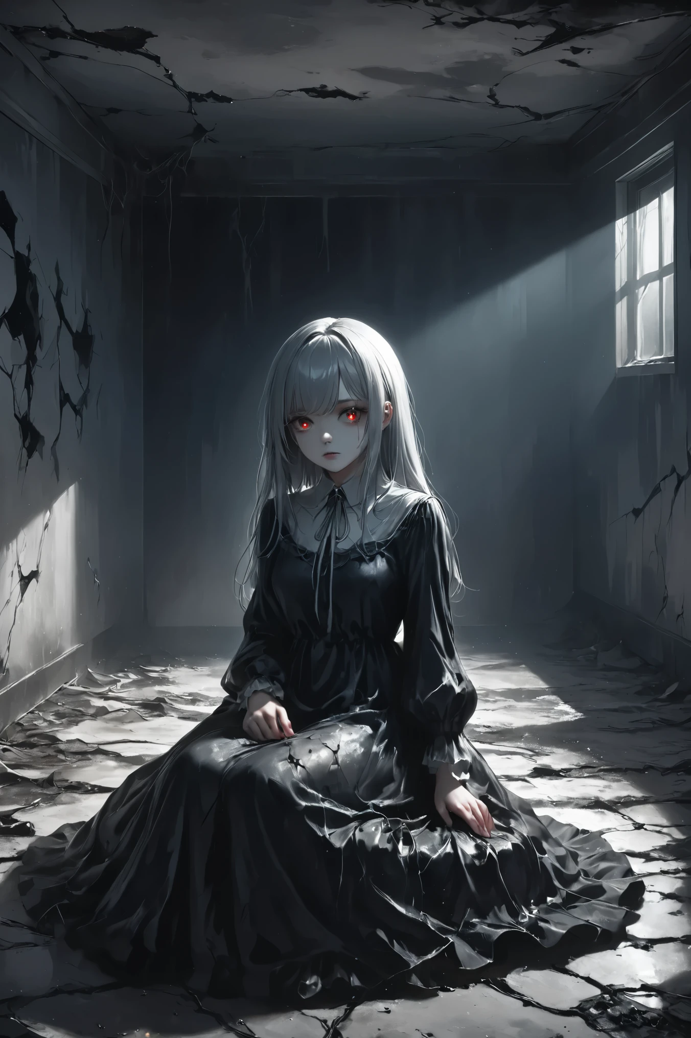 masterpiece, best quality, 8k, highres, ultra-detailed, HDR, UHD, ultra-fine painting, close-up of ghostly girl with silver hair, dark gothic, glowing red eyes, sitting on broken bed, black dress flowing, faint mist surrounding her, ominous and unsettling expression, cracked walls and floor, abandoned hospital setting, dim lighting, eerie atmosphere, soft light casting shadows, dark and mysterious mood, horror theme, supernatural presence, intense focus on her face and eyes