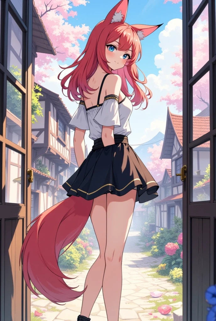 Ein wAnderschönes,  21-year-old fox girl with  (dark red hair ), (sapphire-blue eyes ) And (Fuchsohren).  She is standing in a village setting , posiert mit einer selbstbewussten And leicht seitlichen Haltung,  showing her back ,  while looking over her shoulder .  She is wearing an elegant black outfit with gold accents , bestehend aus einem schulterfreien Oberteil And einem kurzen Rock,  matching black leather boots with gold decorations . Die Umgebung zeigt ein malerisches Dorf mit Fachwerkhäusern And blühenden Gärten. ( extra realistic :1.5), (  8k Ultra HD  :1.5), (hdr:1.4),  cinema quality , intricate details, cinematic, ArtStation, (detailed blue eyes:1.5), (dark red hair:1.3), Perfect anatomy,  detailed textures ,  harmonious colors , realistische Licht- And Schatteneffekt

( extremely realistic :1.5), (  8k Ultra HD  :1.5), (HDR:1.4), Masterpiece quality ,  extrem  detailed textures  ,   cinema quality  ,  perfekte Gesichtszüge And Körper ,  harmonische And ausgewogene Farben ,  Realistische Licht- And Schatteneffekte ,   detailed environment  ,   clear composition without distractions  ,  fröhlicher And herzlicher Ausdruck , Accurate anatomy,  Epic composition , ArtStation,  intricate details , cinematic